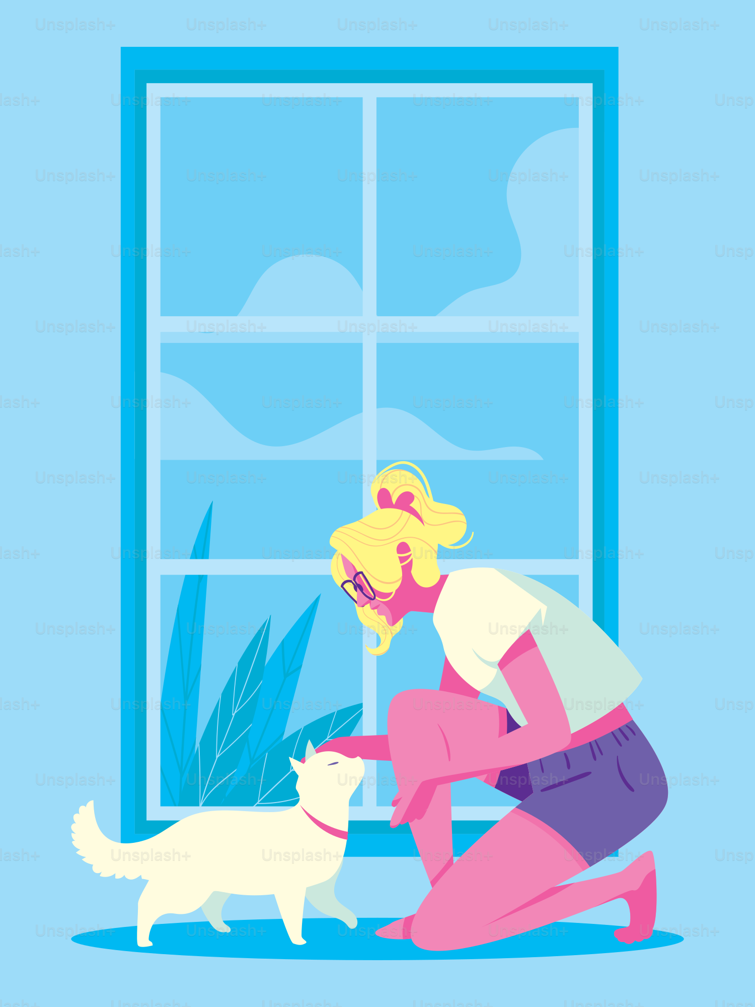 A woman kneeling down next to a white dog