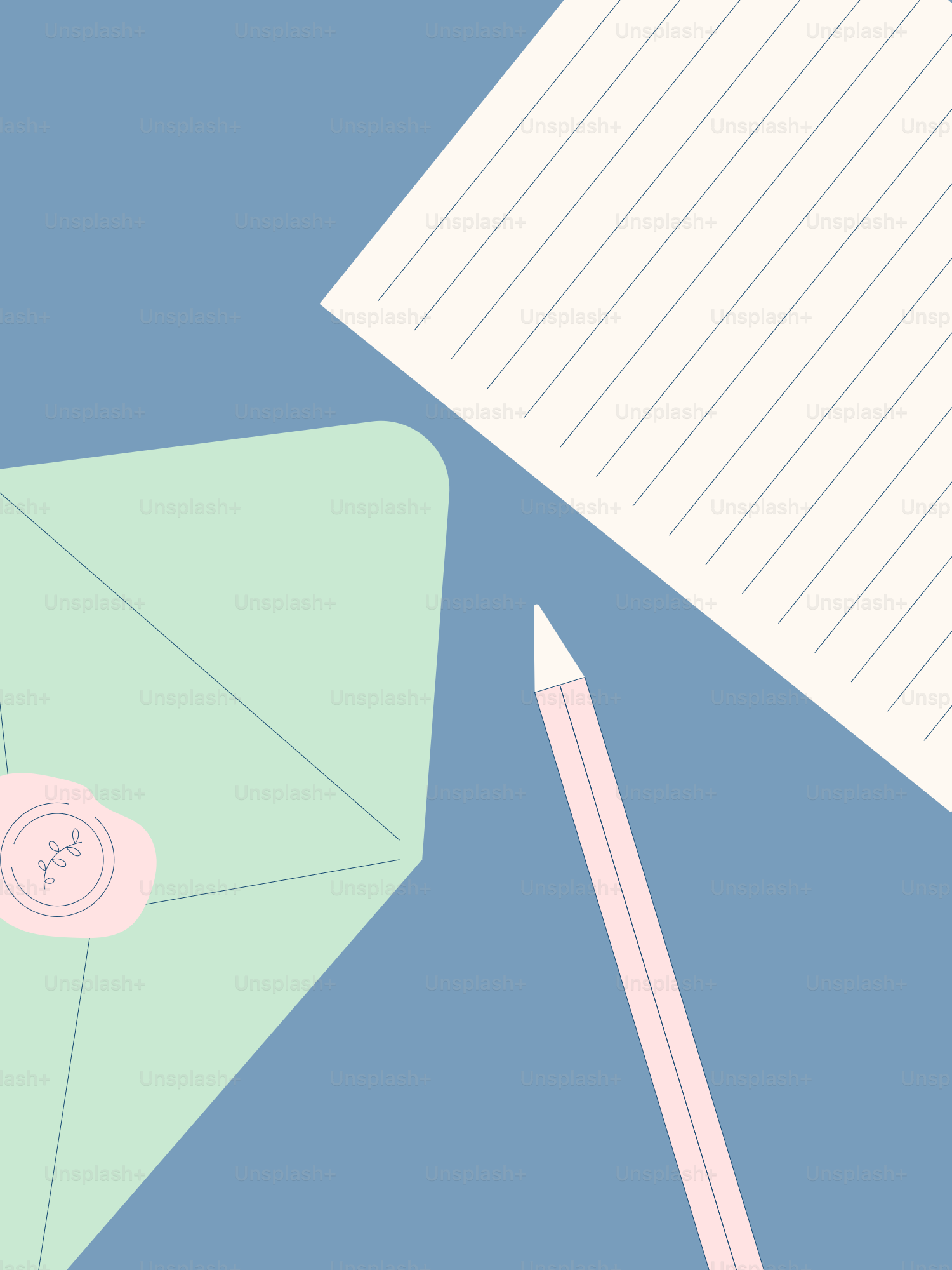 A green envelope and a pencil on a blue background