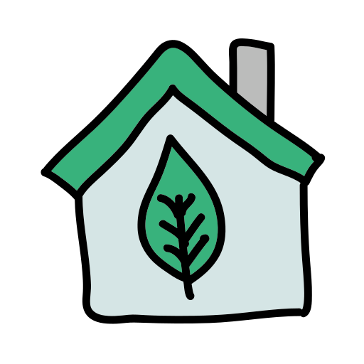 Une maison avec une feuille sur le toit