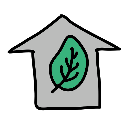 Une maison avec une feuille sur le toit