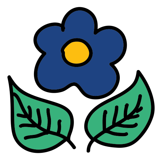 A blue flower with green leaves on a white background