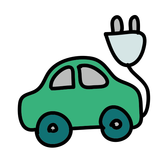 A green car with an electric plugged in