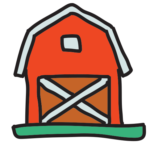 Eine rote Scheune mit weißem Dach und grünem Dach