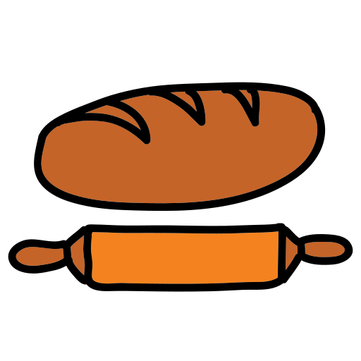 A drawing of a loaf of bread and a rolling pin