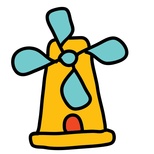 A drawing of a yellow and blue windmill