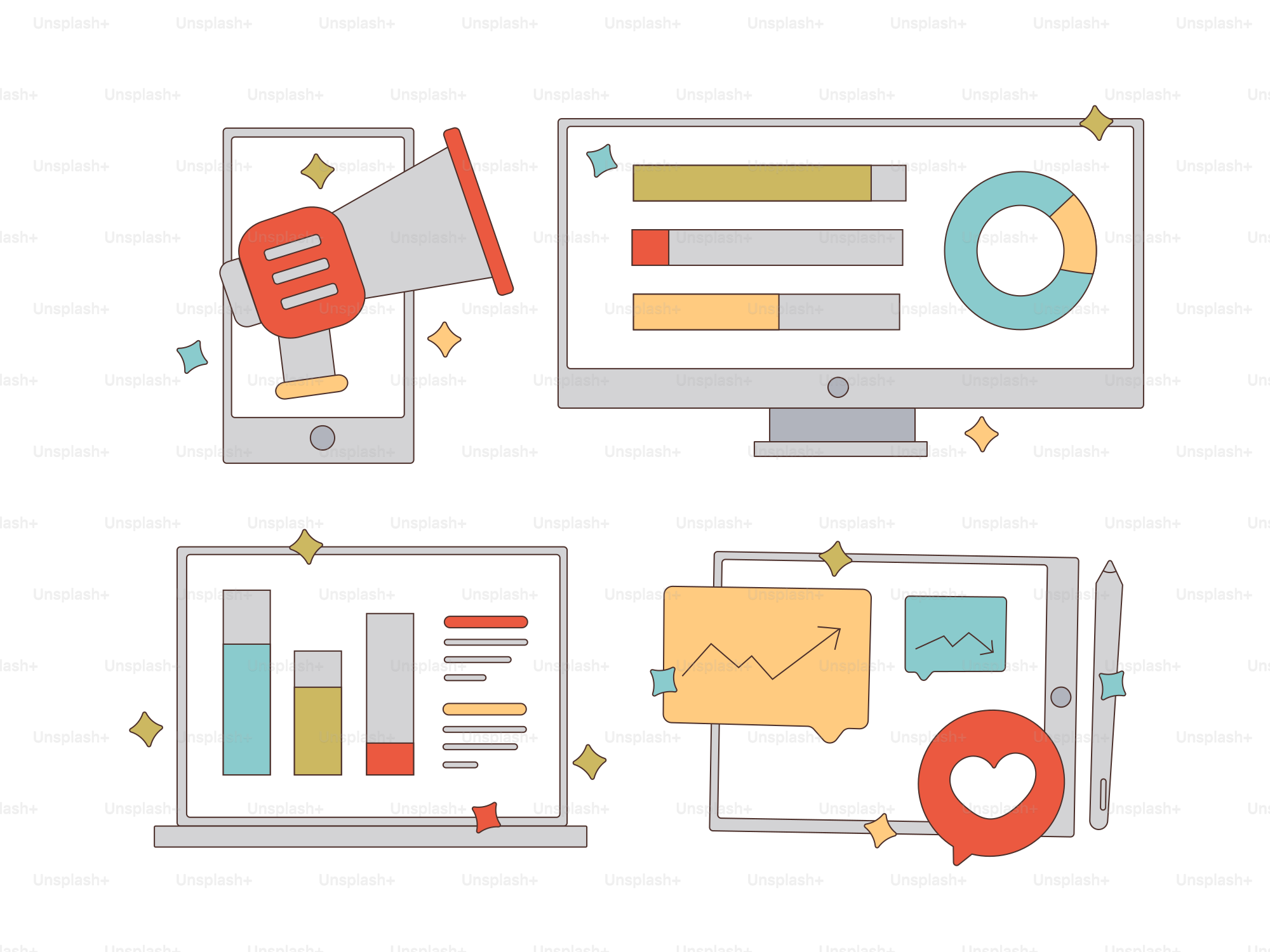A flat screen with a speaker, a laptop, and a computer screen