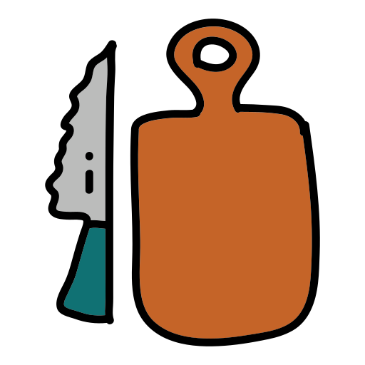 Ein Messer neben einem Schneidebrett mit einem herausragenden Messer