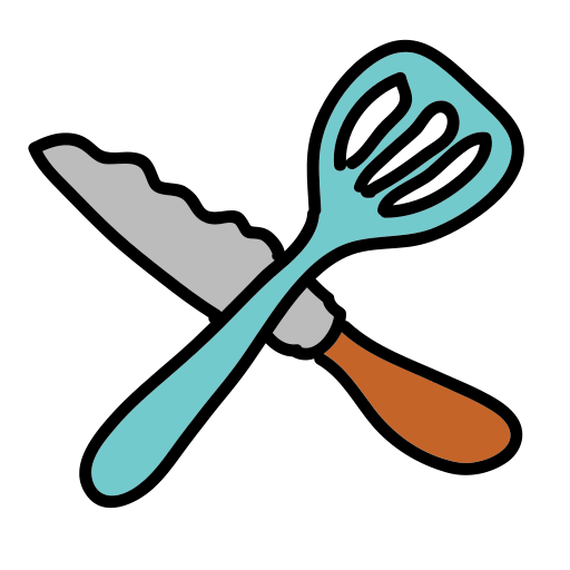 A pair of scissors and a spatula on a white background