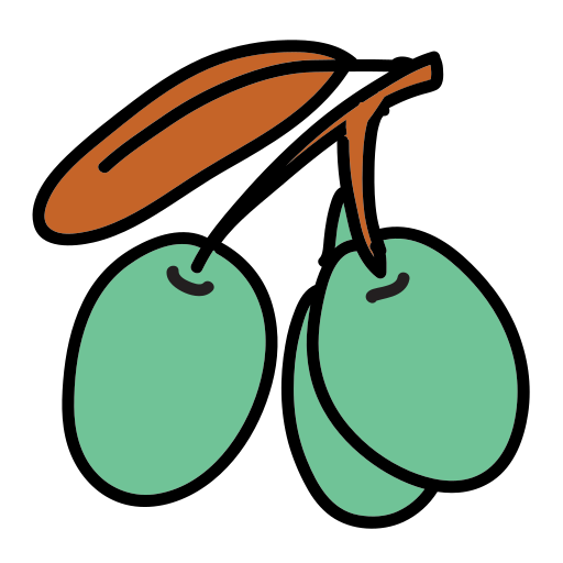 A drawing of two green cherries on a white background
