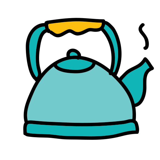 A blue tea kettle with a yellow top