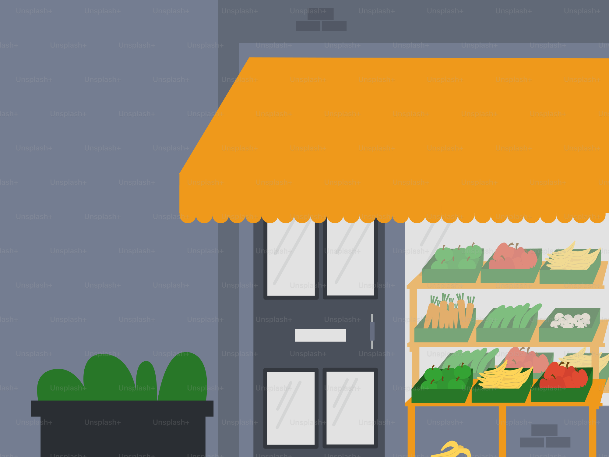 A store front with a yellow awning over it