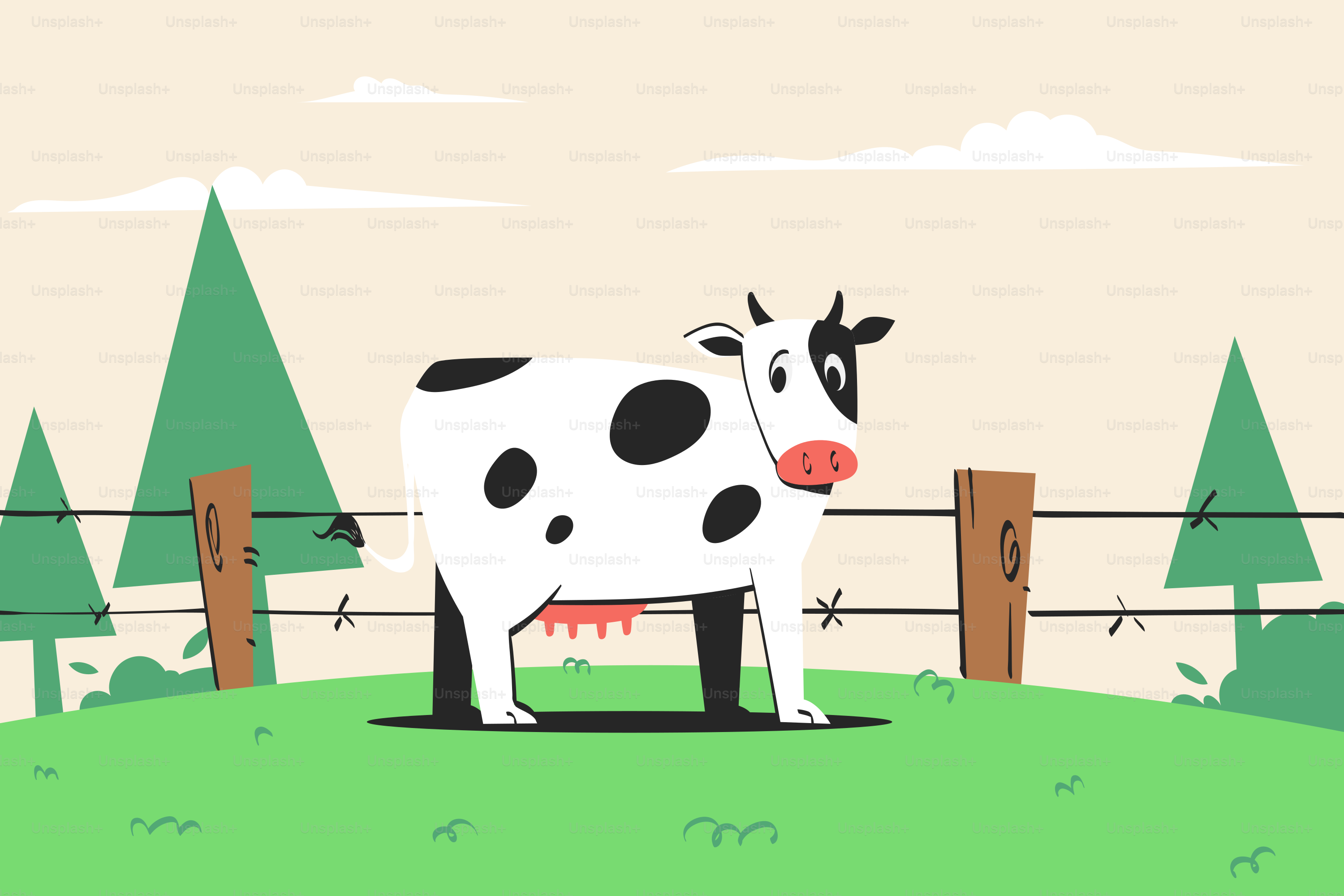 A black and white cow standing on top of a lush green field