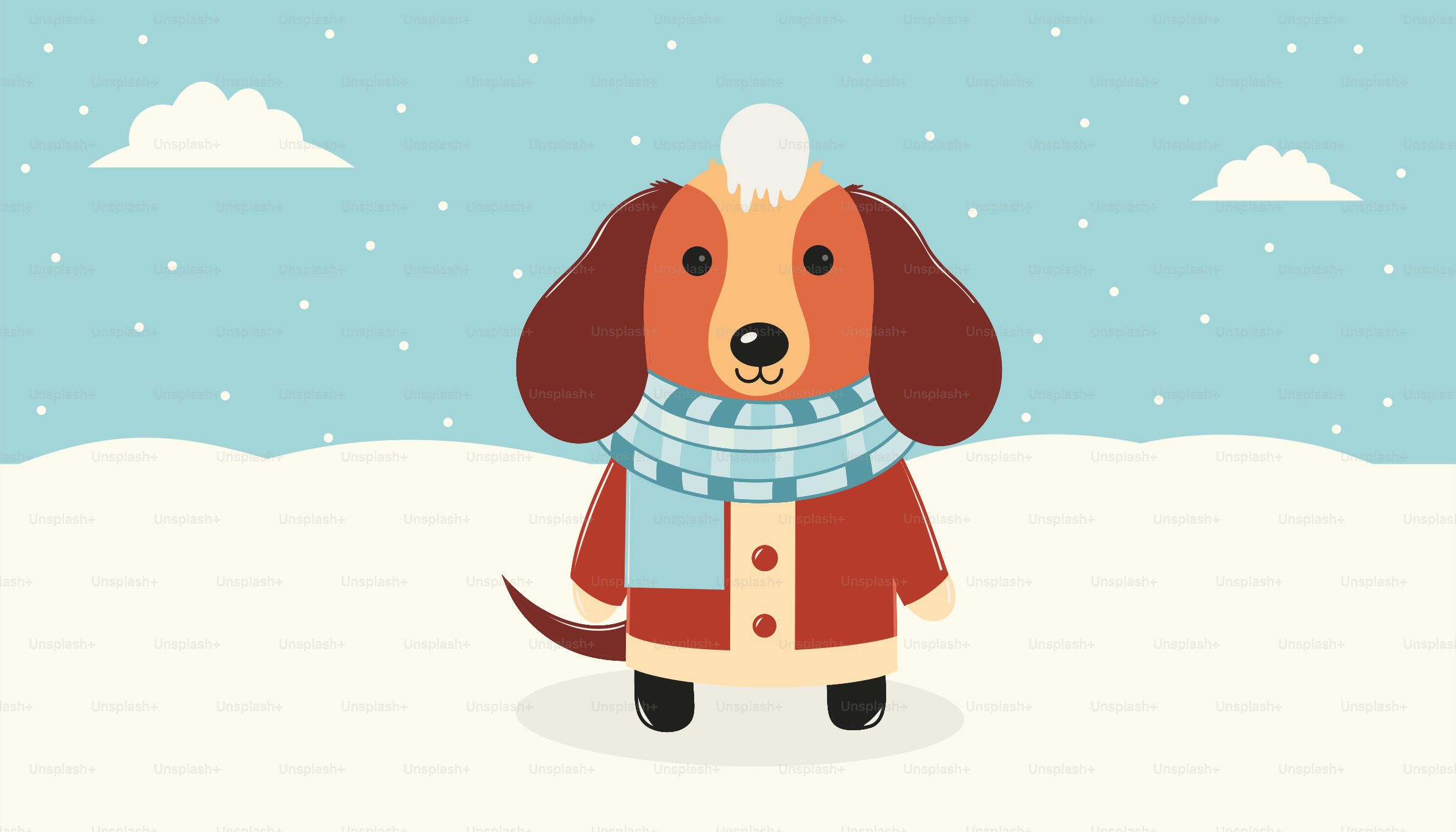 Un cane indossa una sciarpa ed è in piedi nella neve