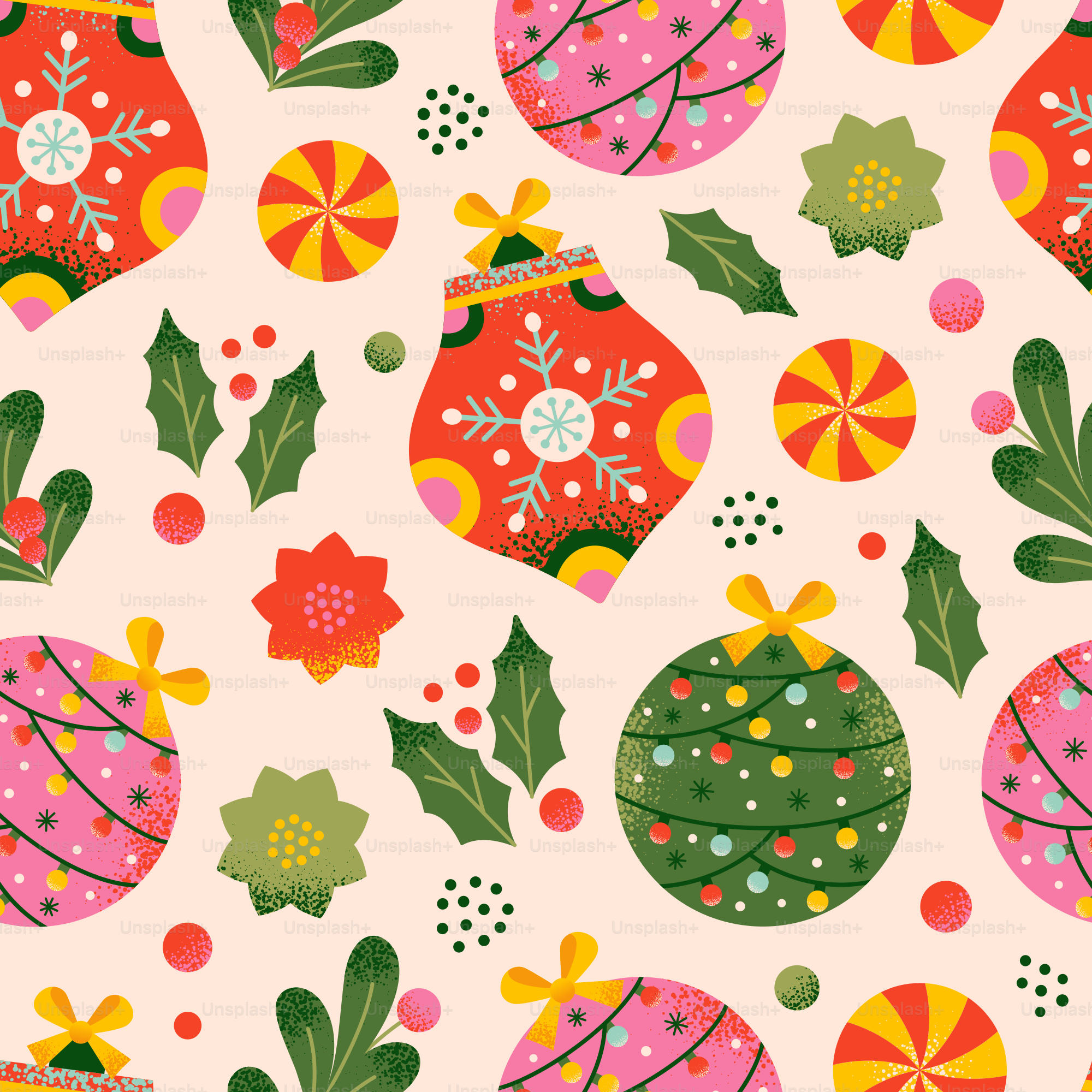 A pattern of christmas ornaments on a pink background