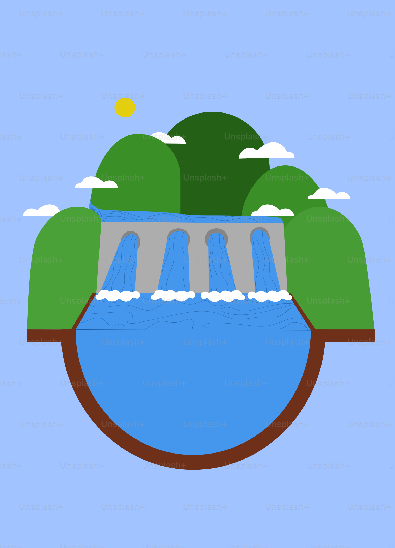 A picture of a waterfall in the middle of a blue sky