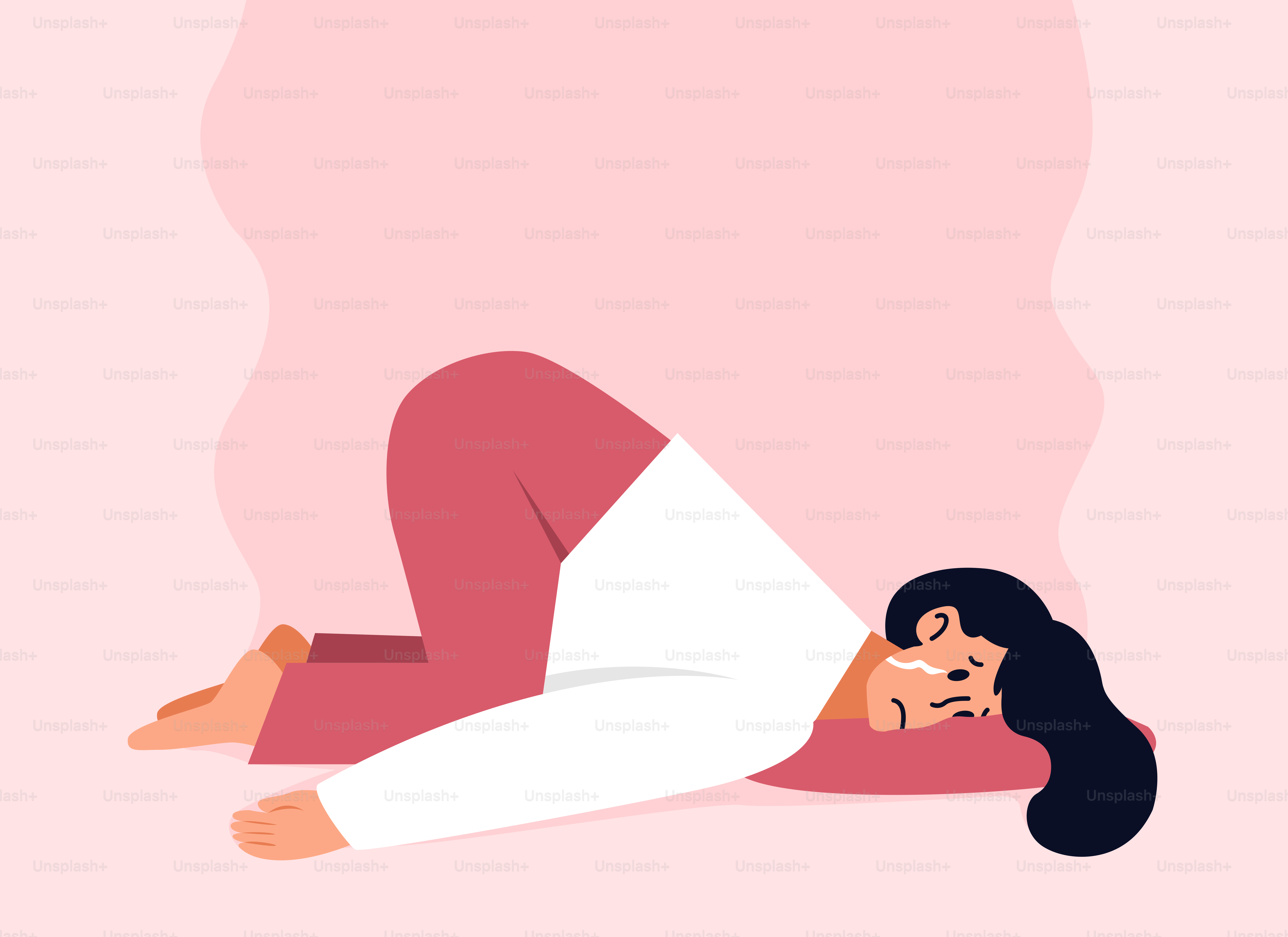 A woman laying on her back on a pink background