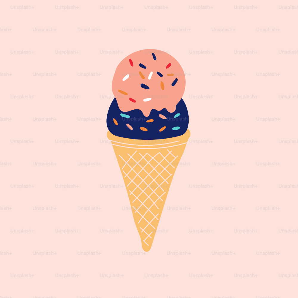 An ice cream cone with sprinkles on a pink background
