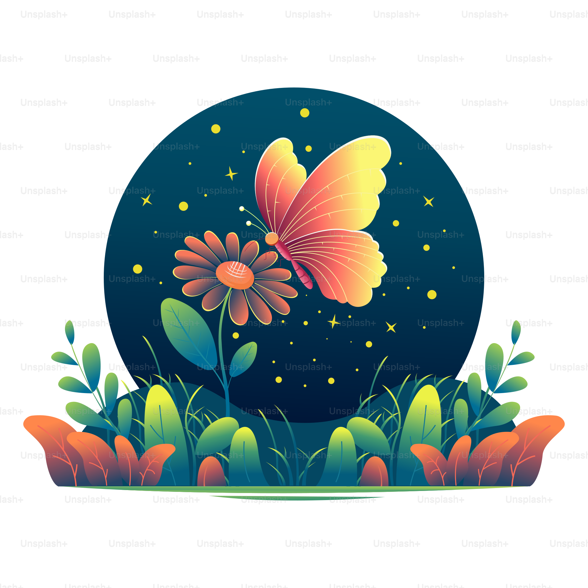 A butterfly flying over a flower in a field