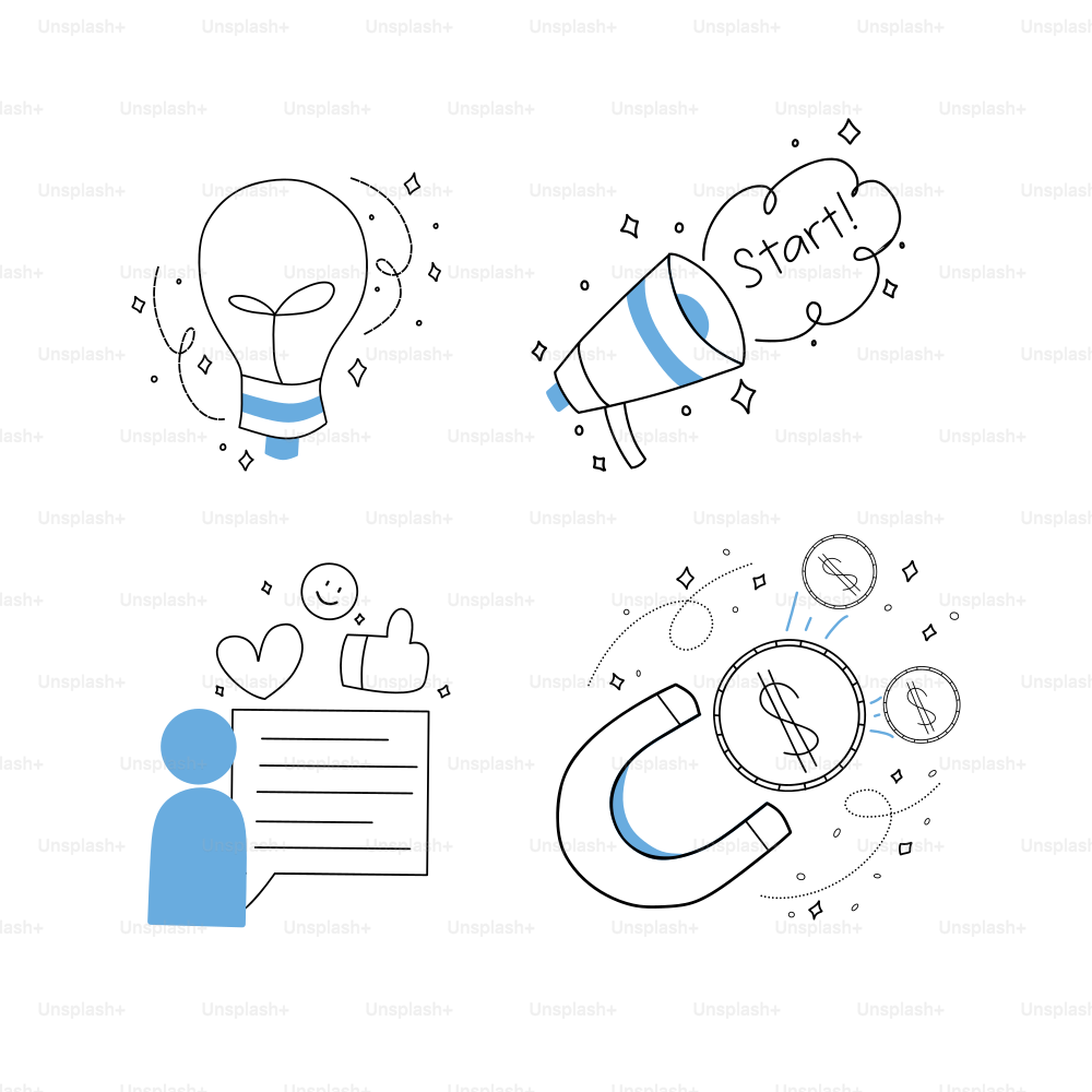 Un ensemble de quatre icônes avec une personne et une ampoule