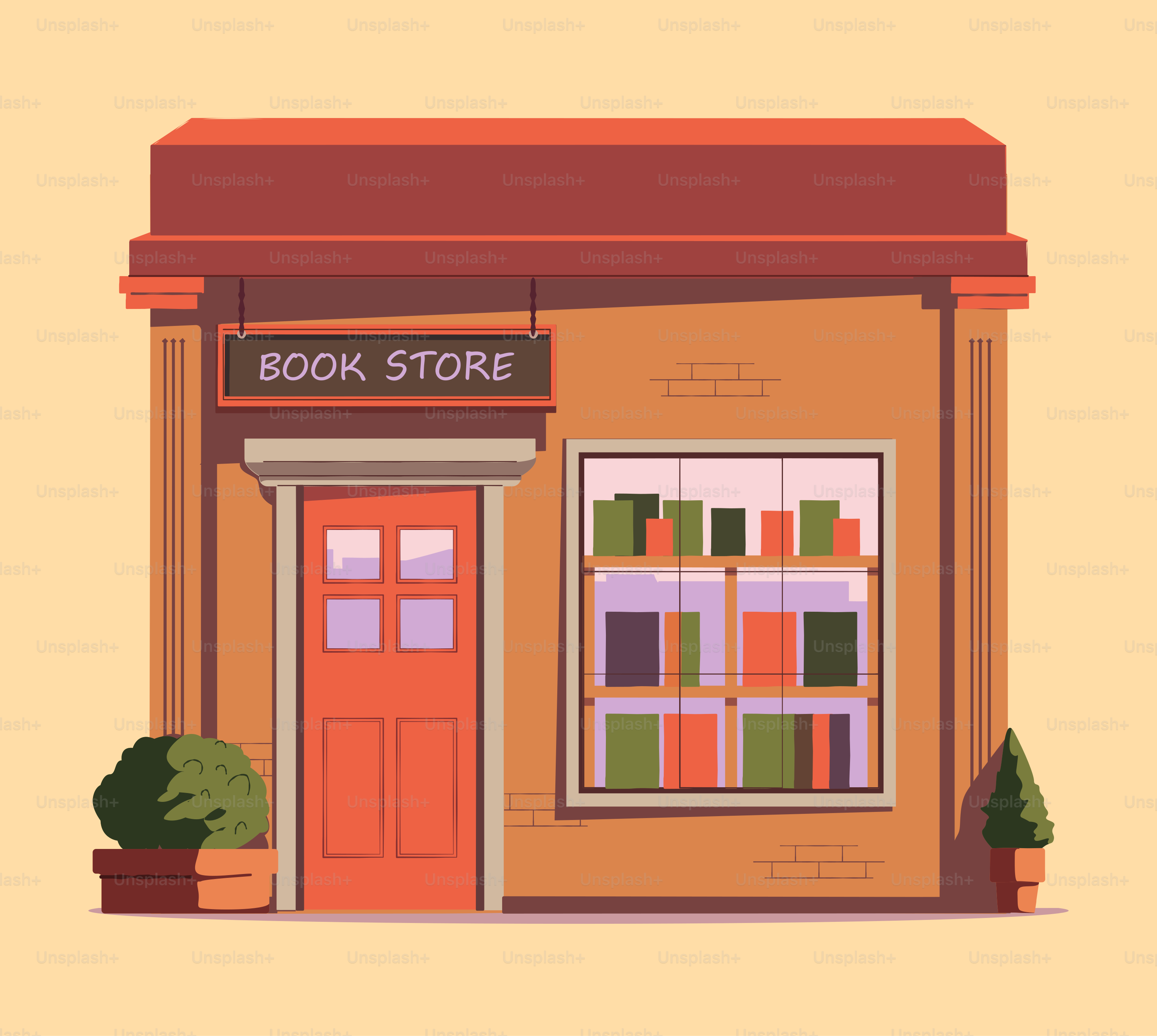 A book store with a red door and windows