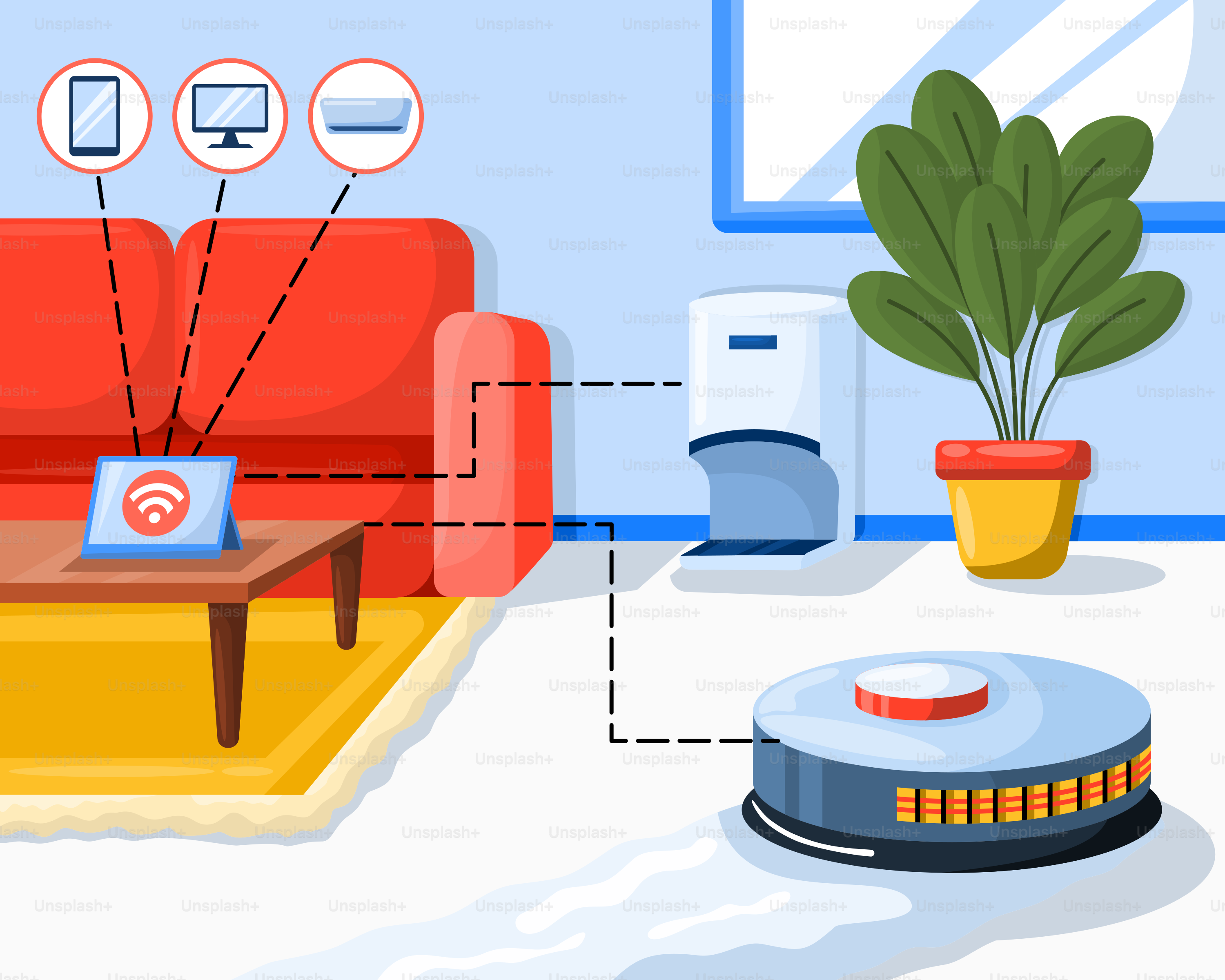 A living room with a red couch and a coffee table