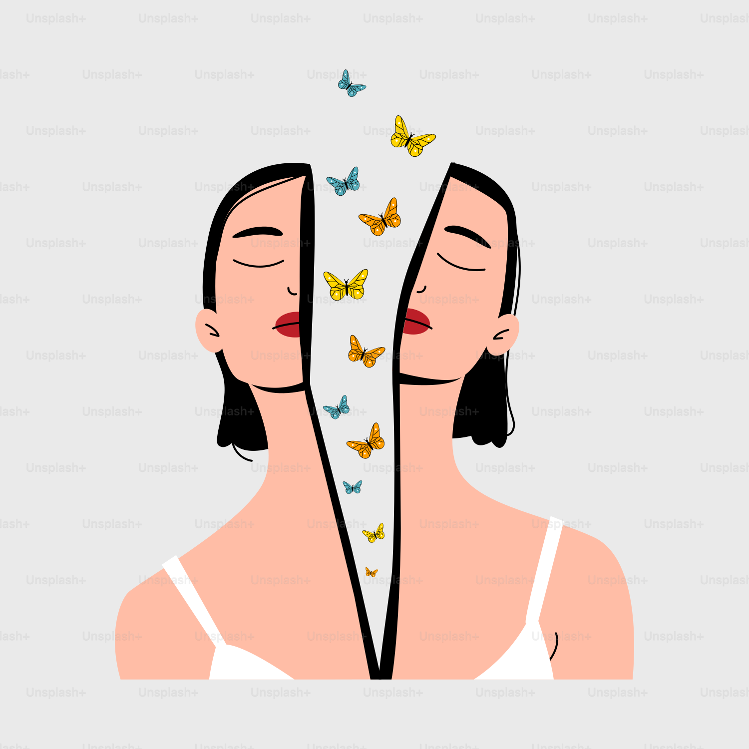 A woman with her eyes closed and butterflies coming out of her mouth