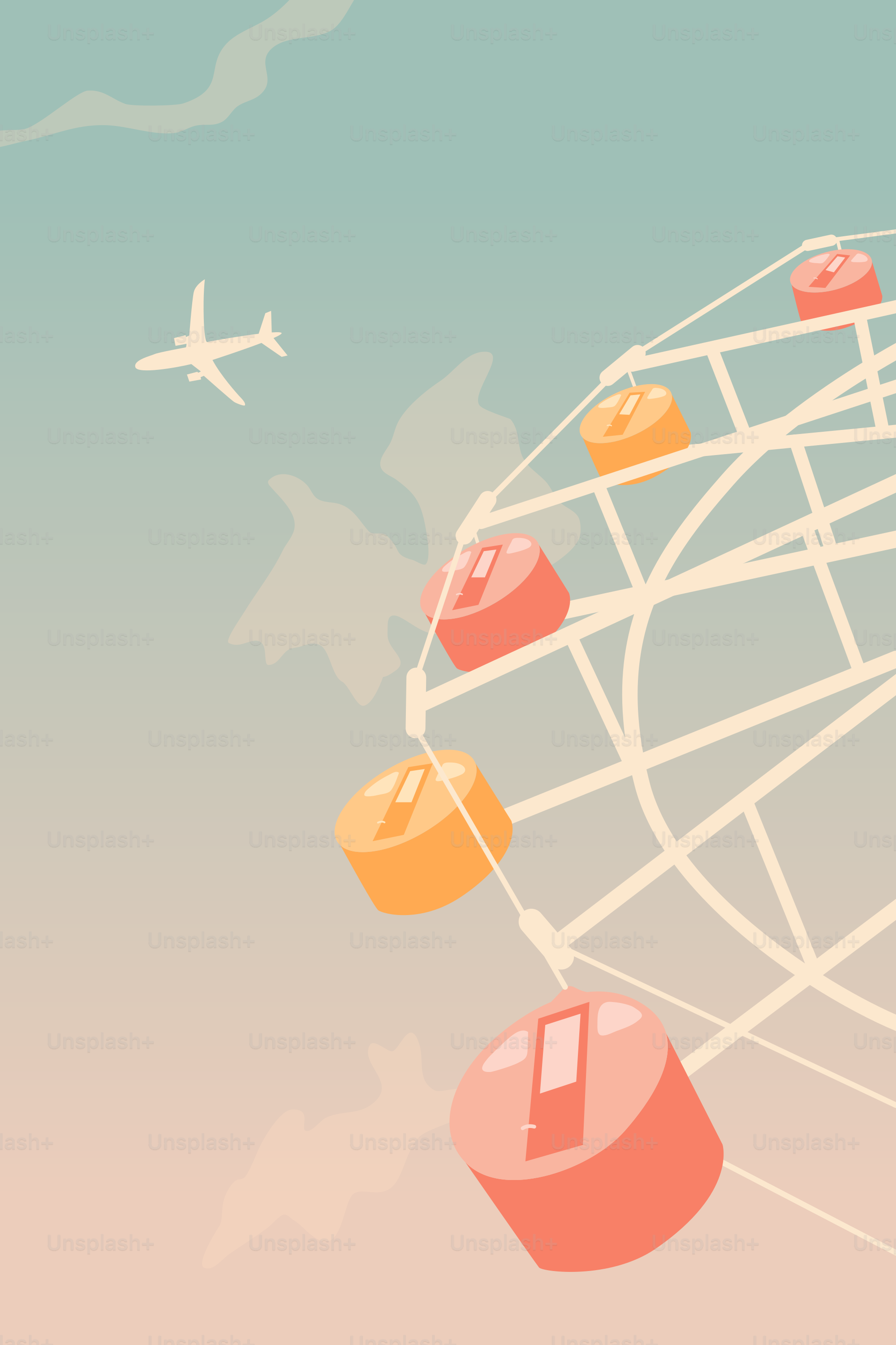 A colorful illustration of a ferris wheel with a plane in the background