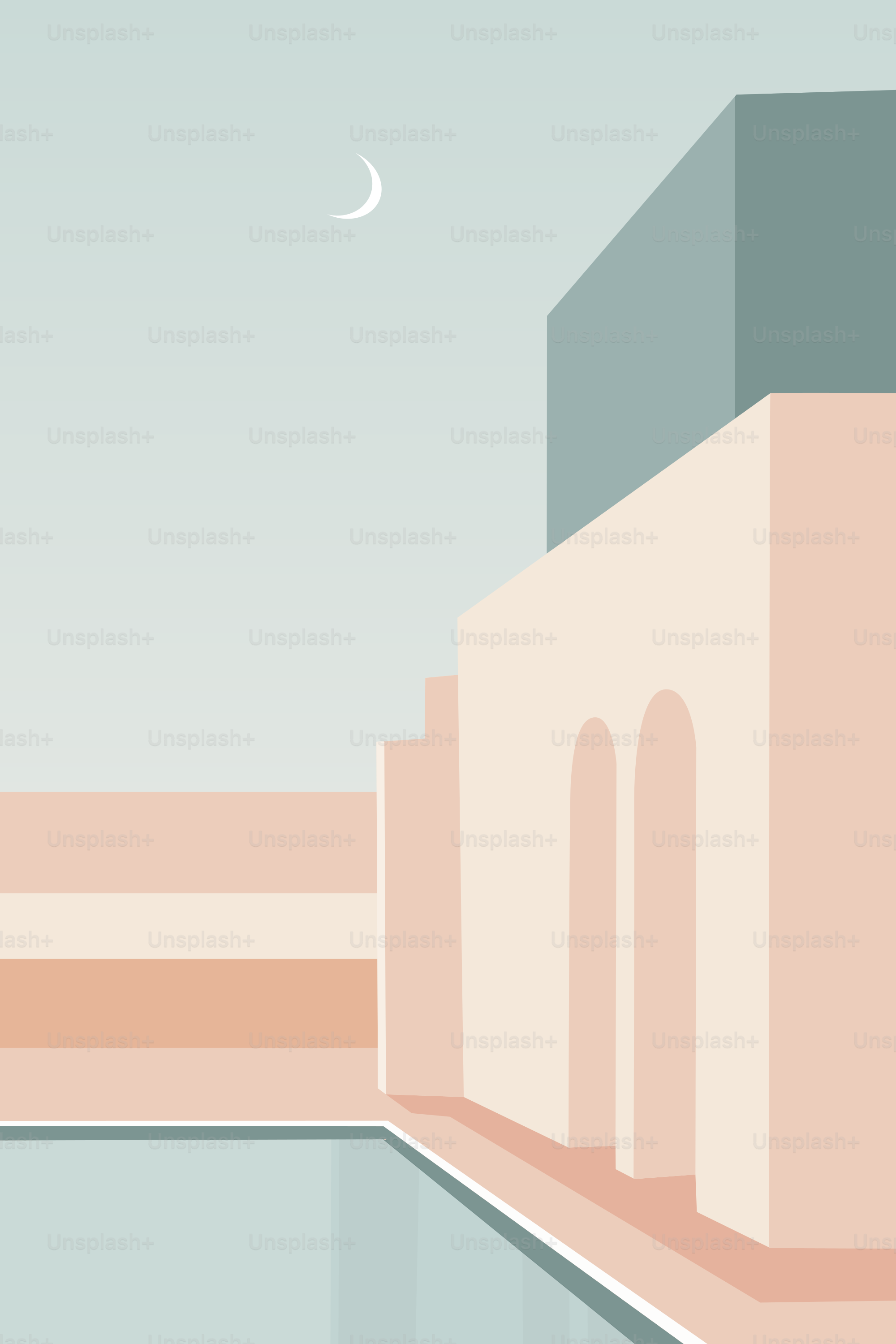 An illustration of a building with a pool in front of it