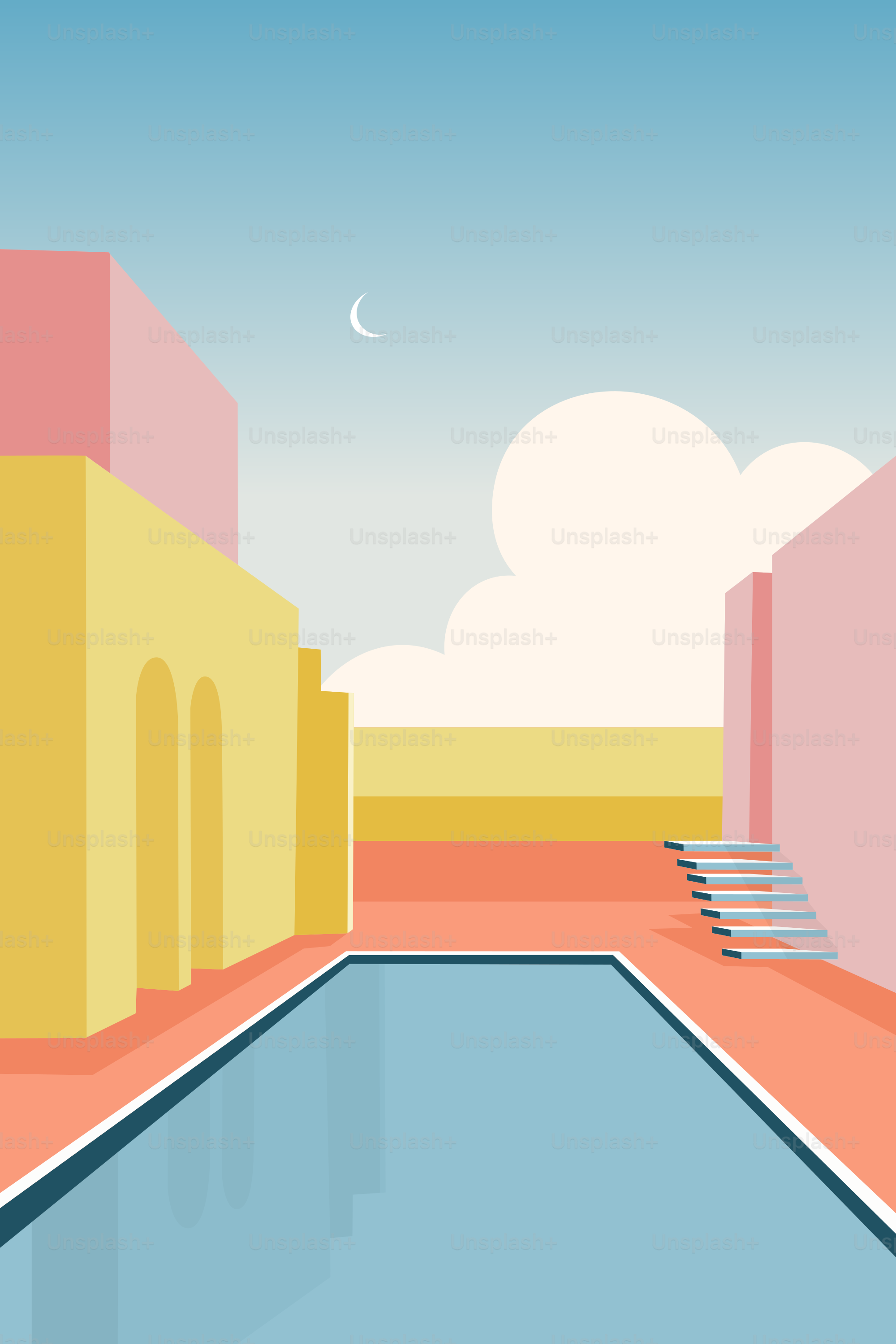 A pool in a city with a sky background