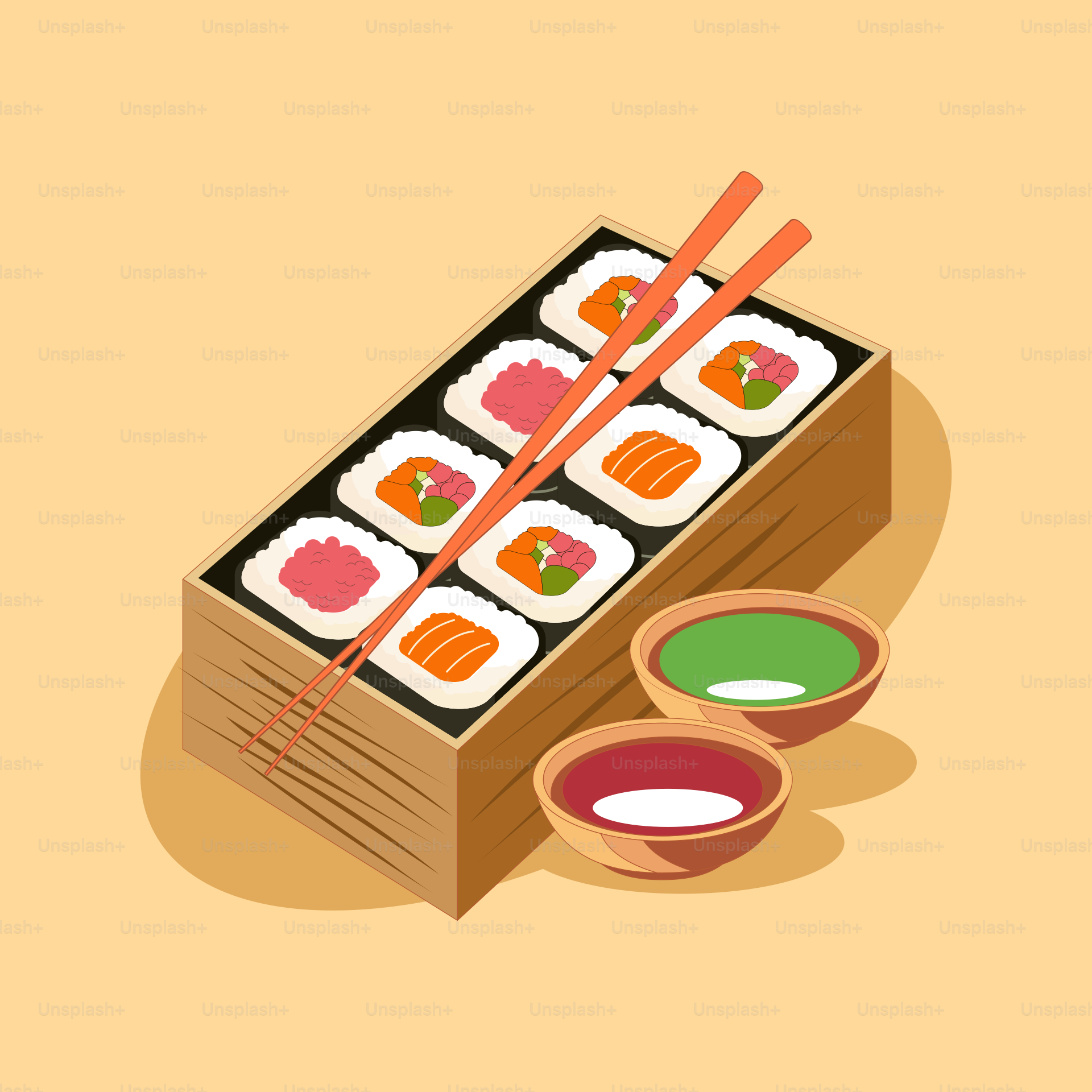 Une boîte de sushis avec des baguettes et de la sauce