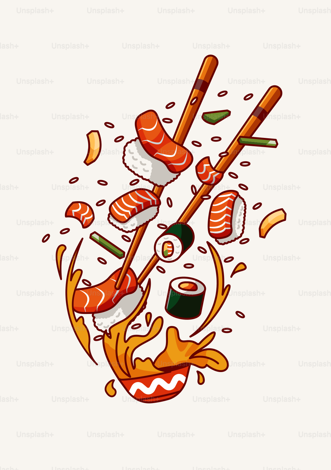 A drawing of sushi and chopsticks on a white background