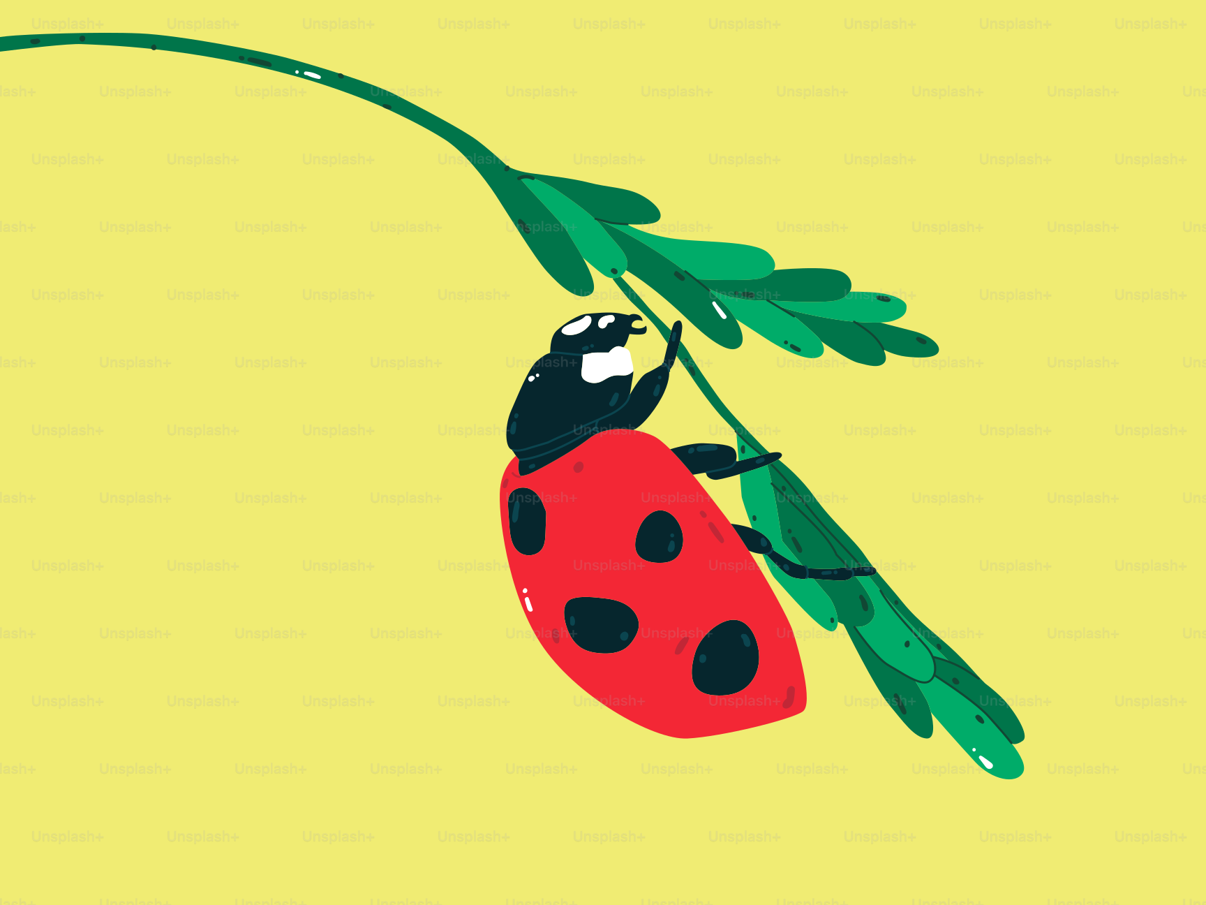 A ladybug hanging from a branch with leaves