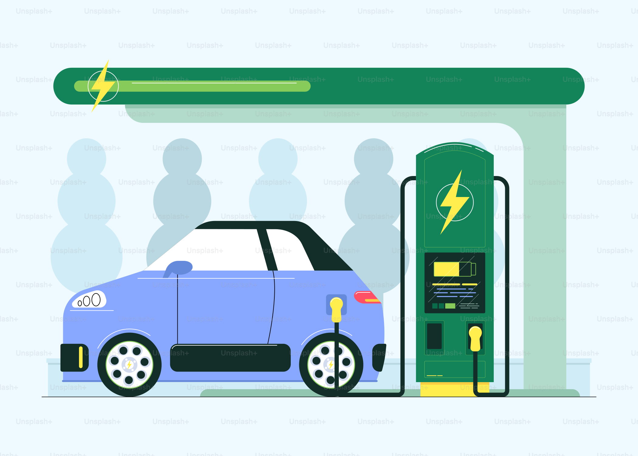 Une voiture bleue est à une station-service