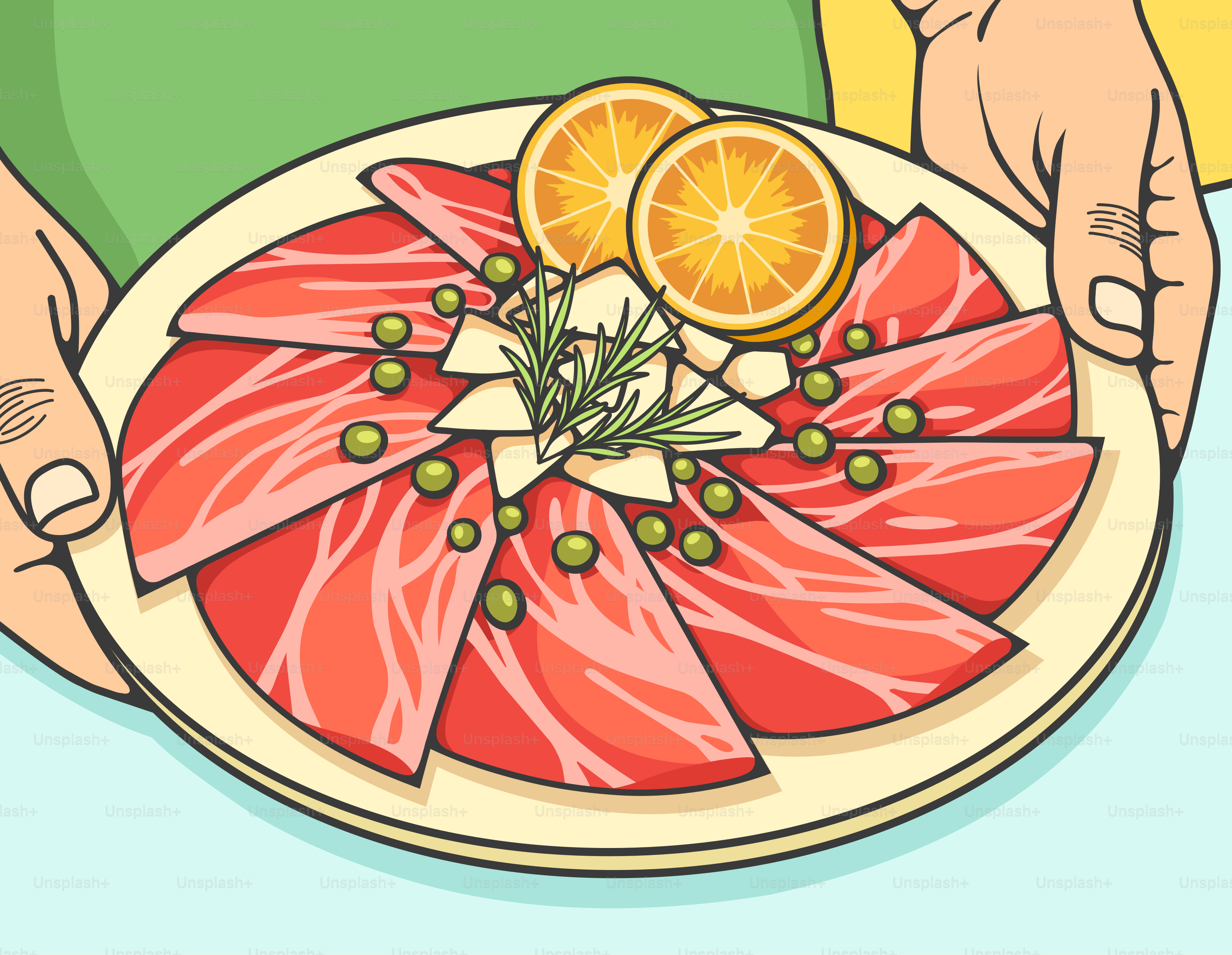 A person holding a plate of food with orange slices on it