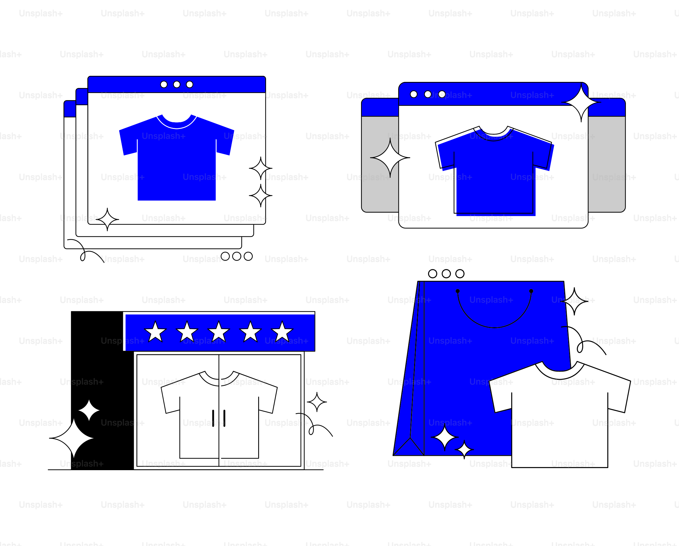 A set of four different blue and white shirts