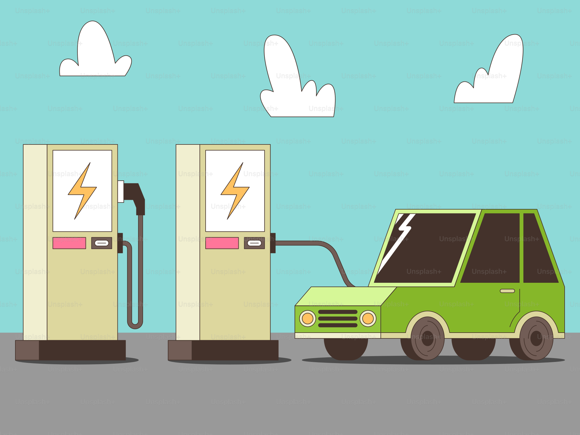 Une voiture verte est dans une station-service