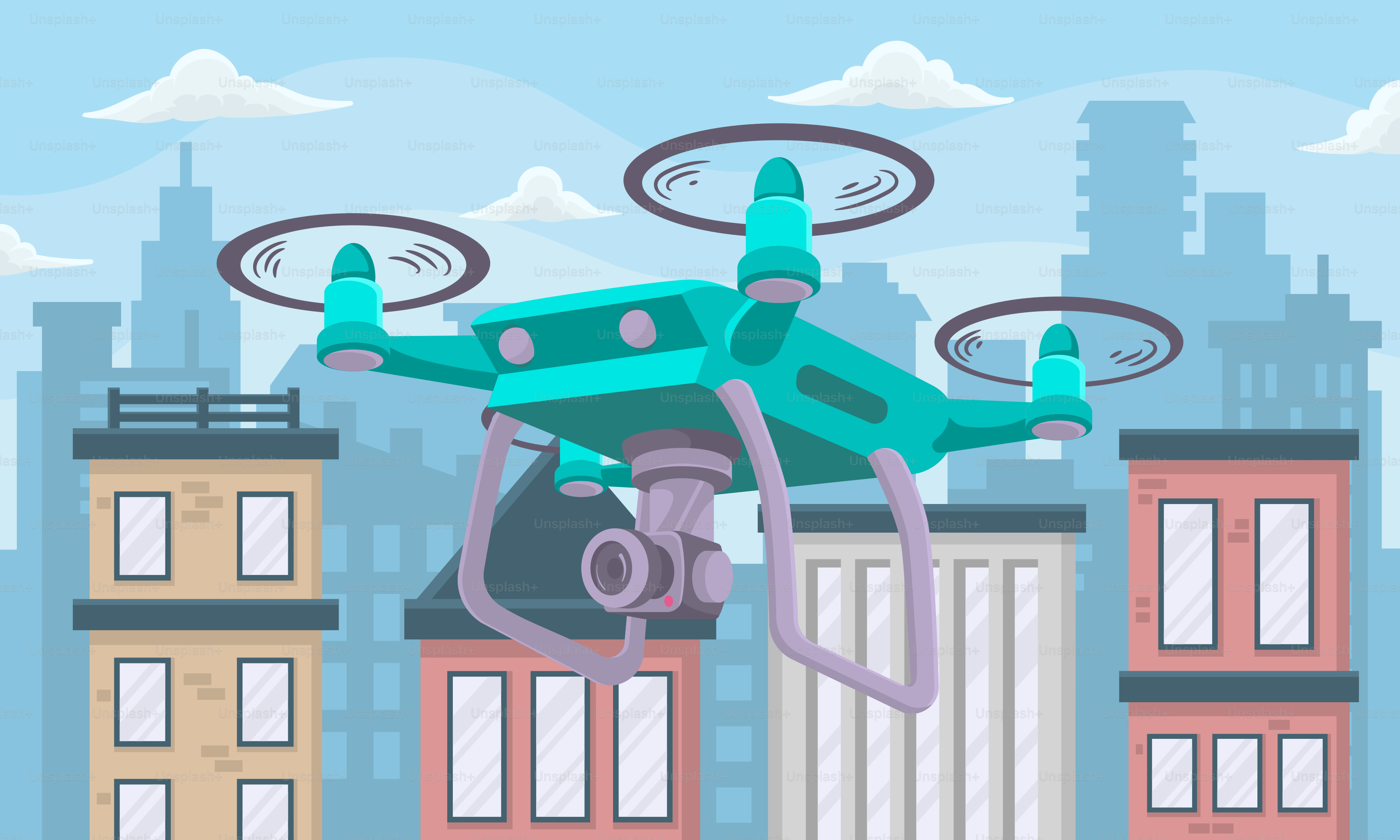 A cartoon of a city with buildings and a green and blue quadcopter