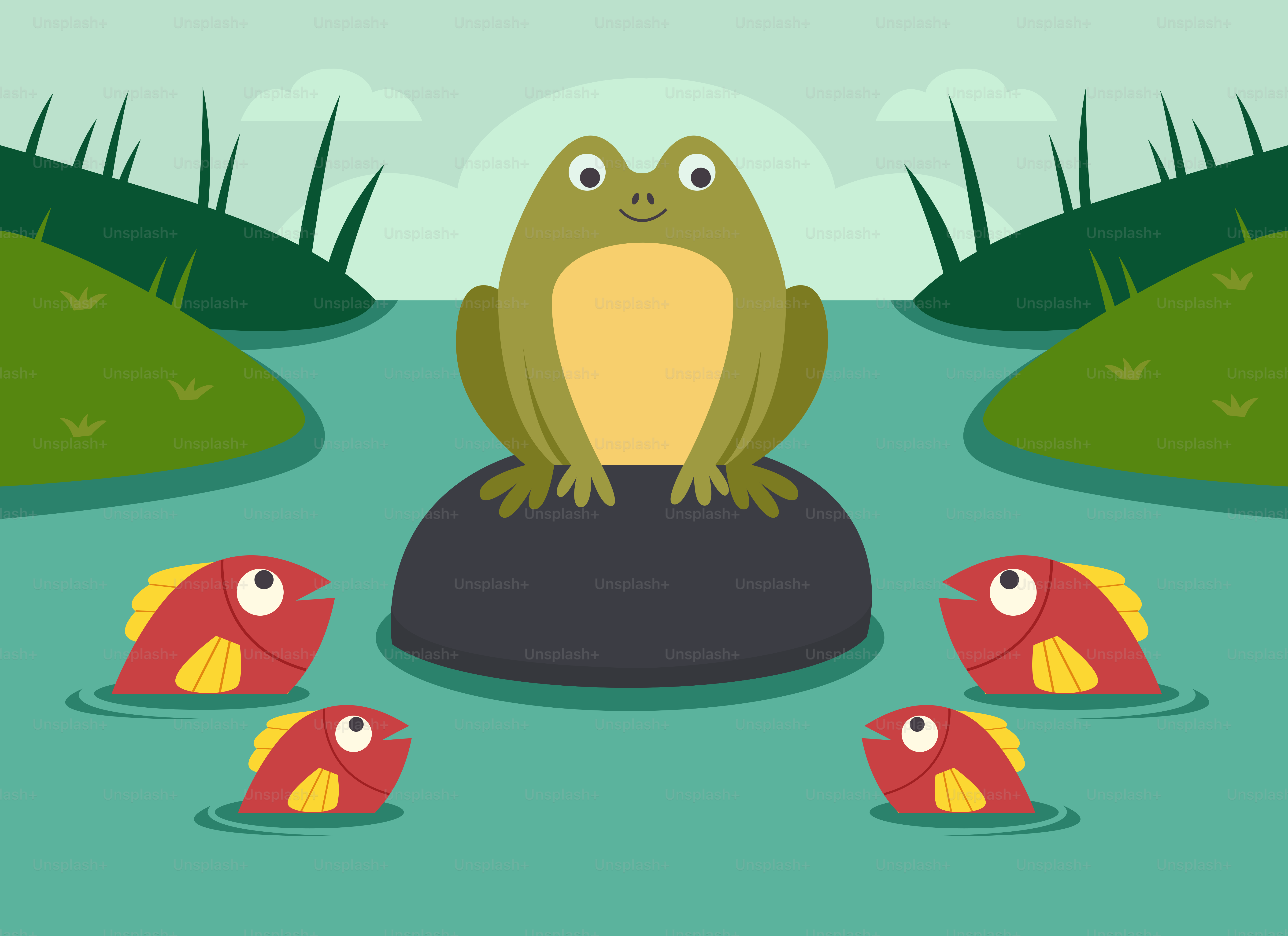 Una rana seduta sopra una roccia nell'acqua