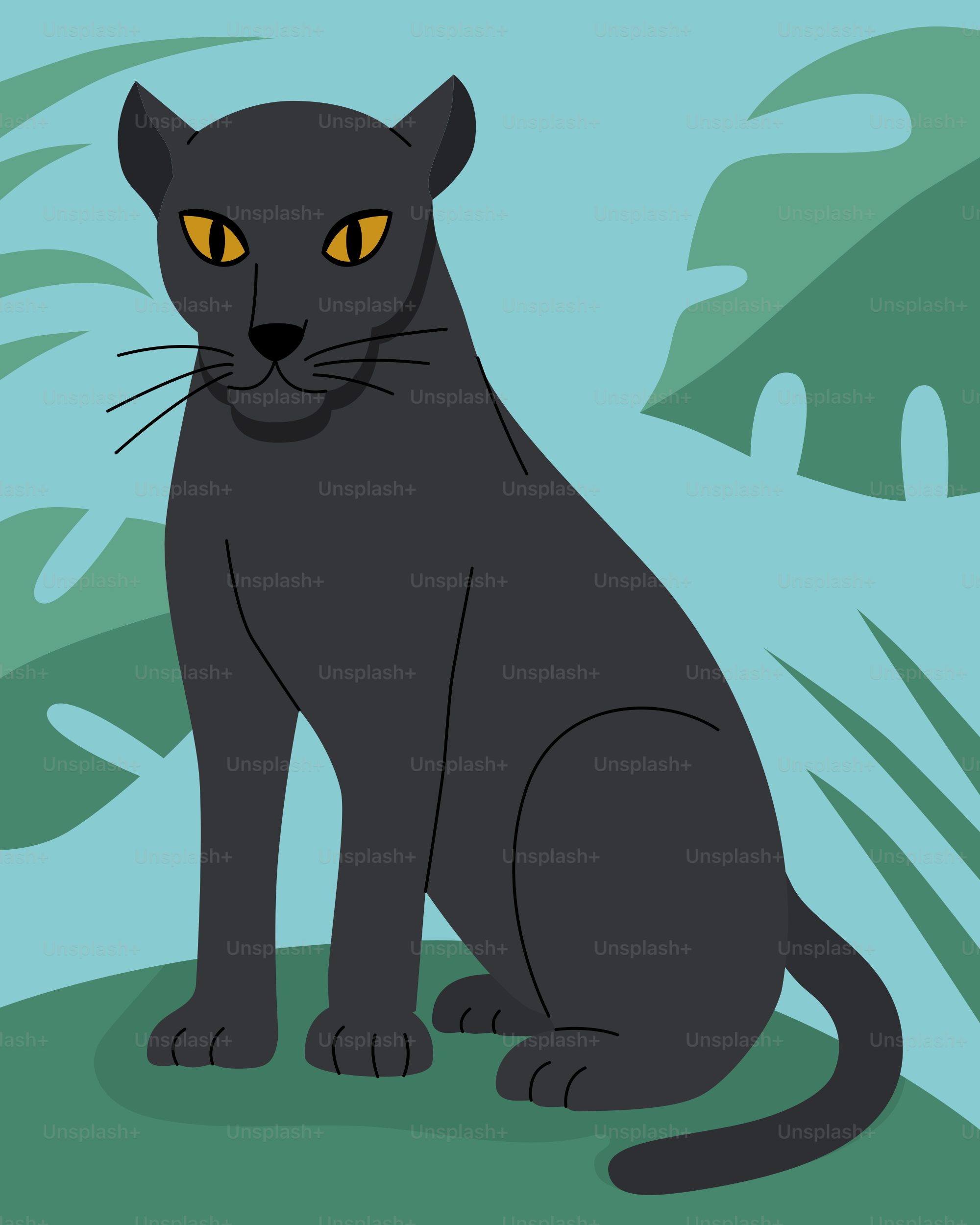 A black cat sitting on top of a lush green field