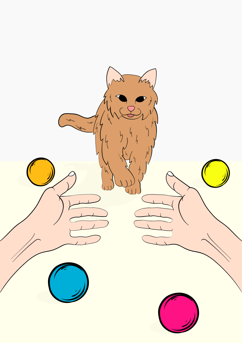 A drawing of a cat on a table surrounded by balls
