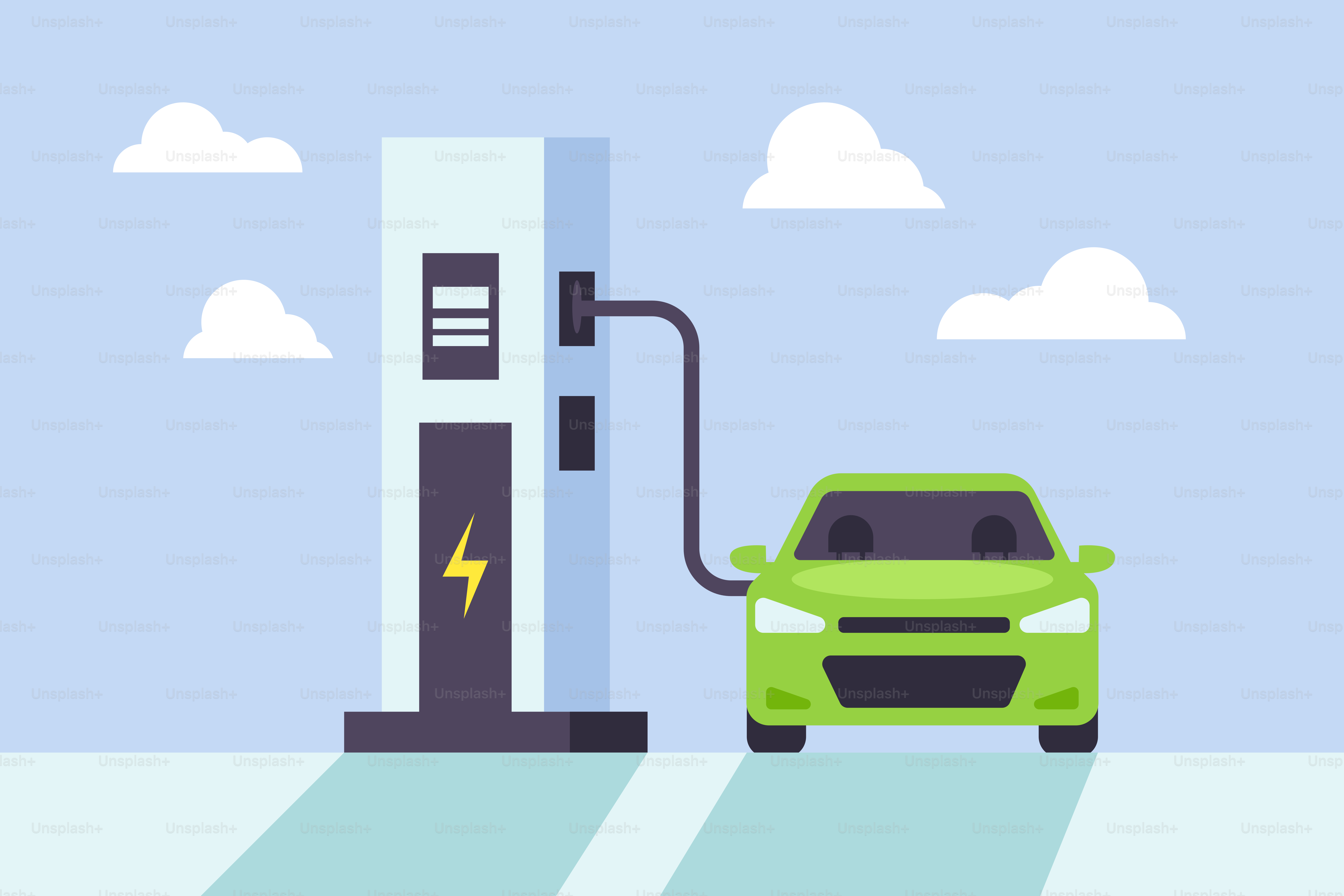 Une voiture verte est dans une station-service