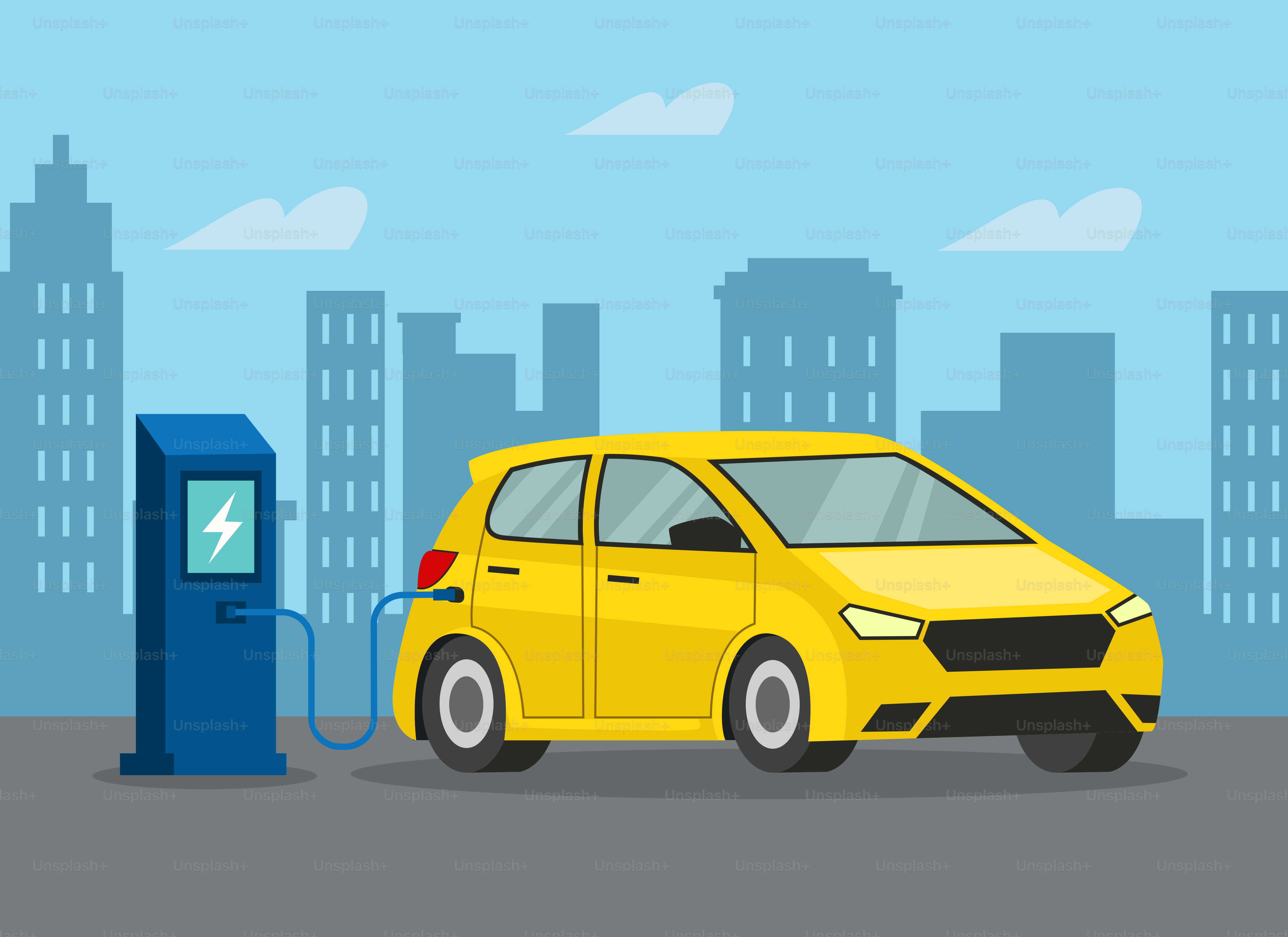 A yellow car is at a gas pump