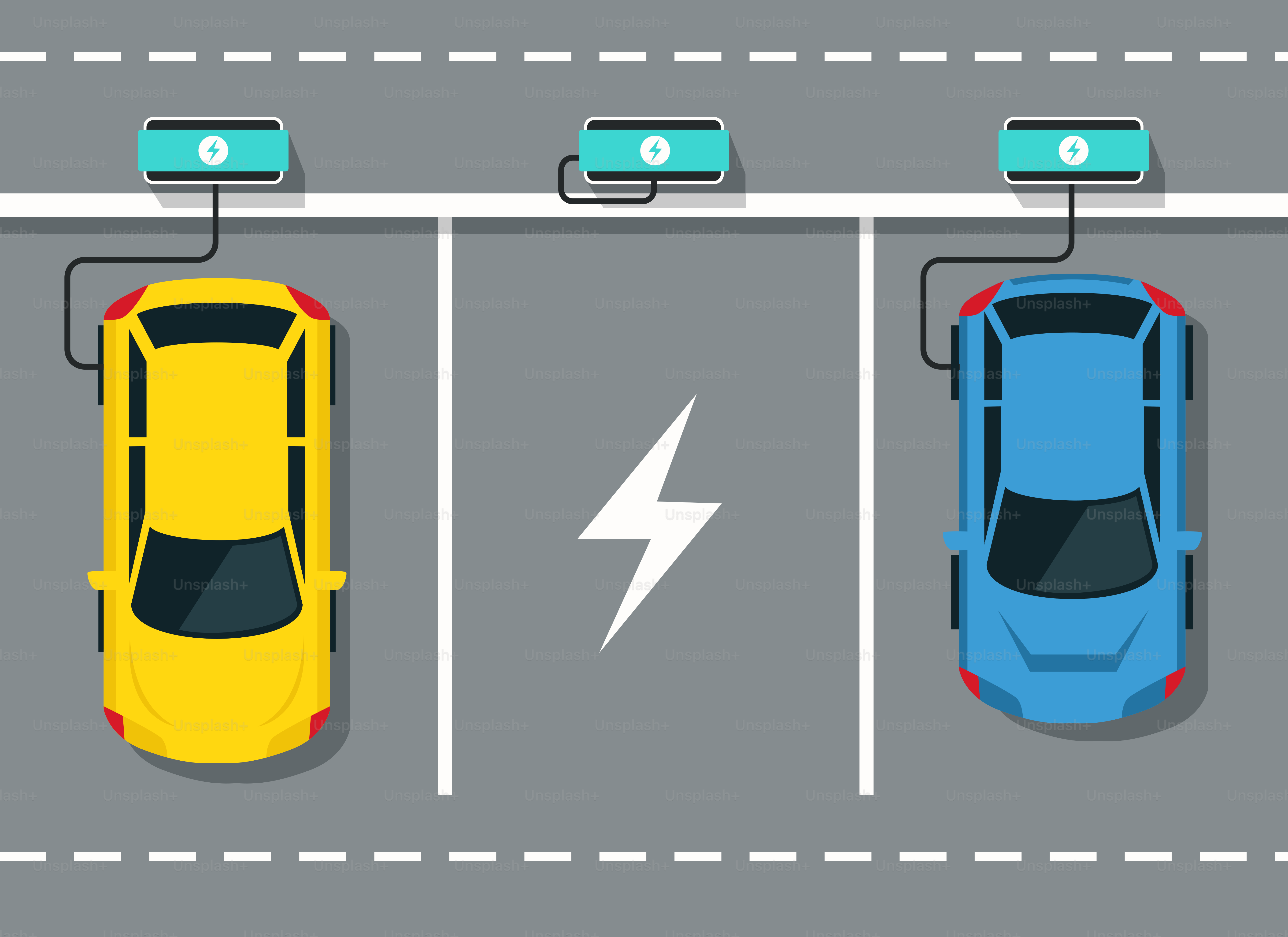 An overhead view of three cars in a parking lot
