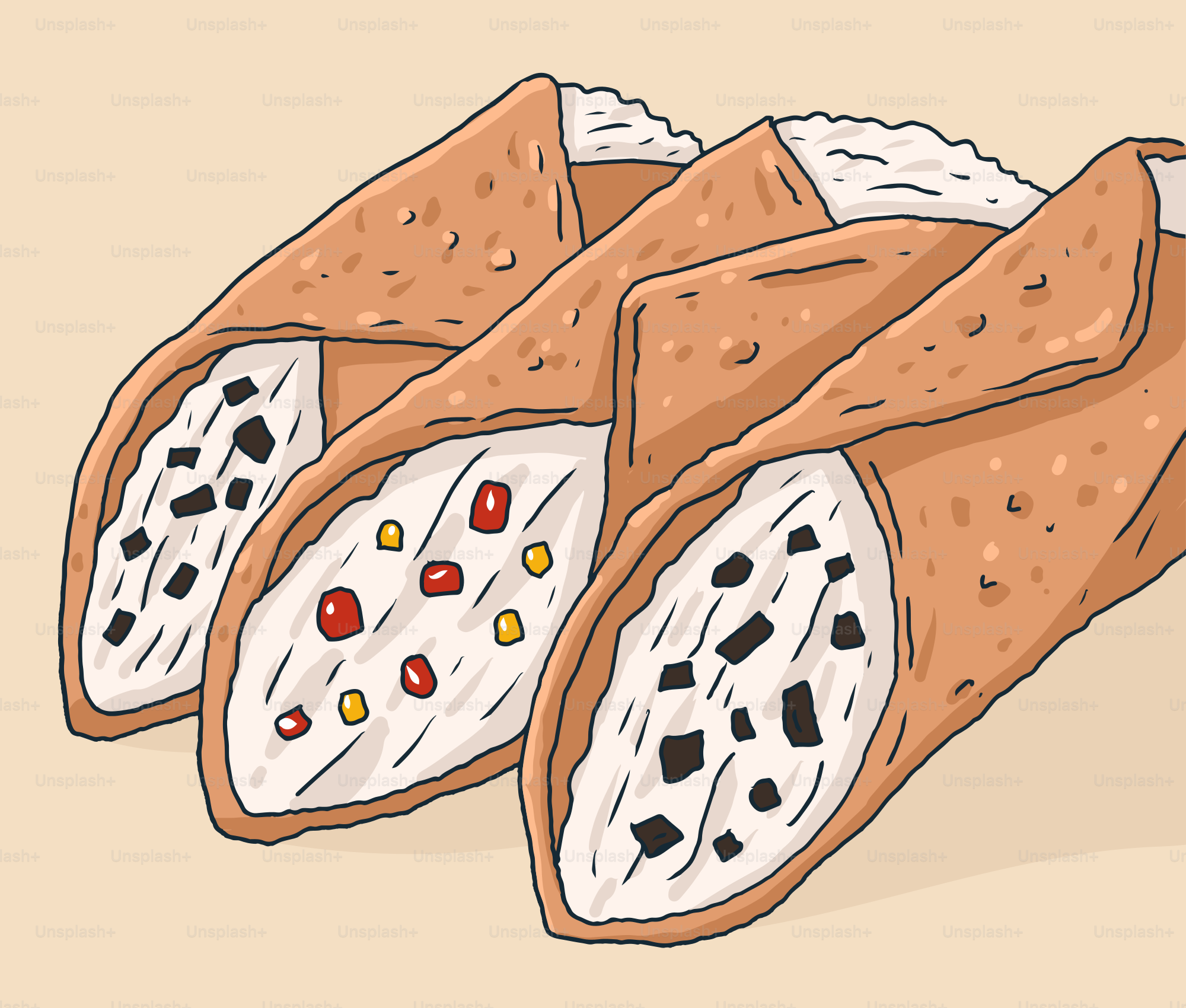 Three burritos with different toppings on them