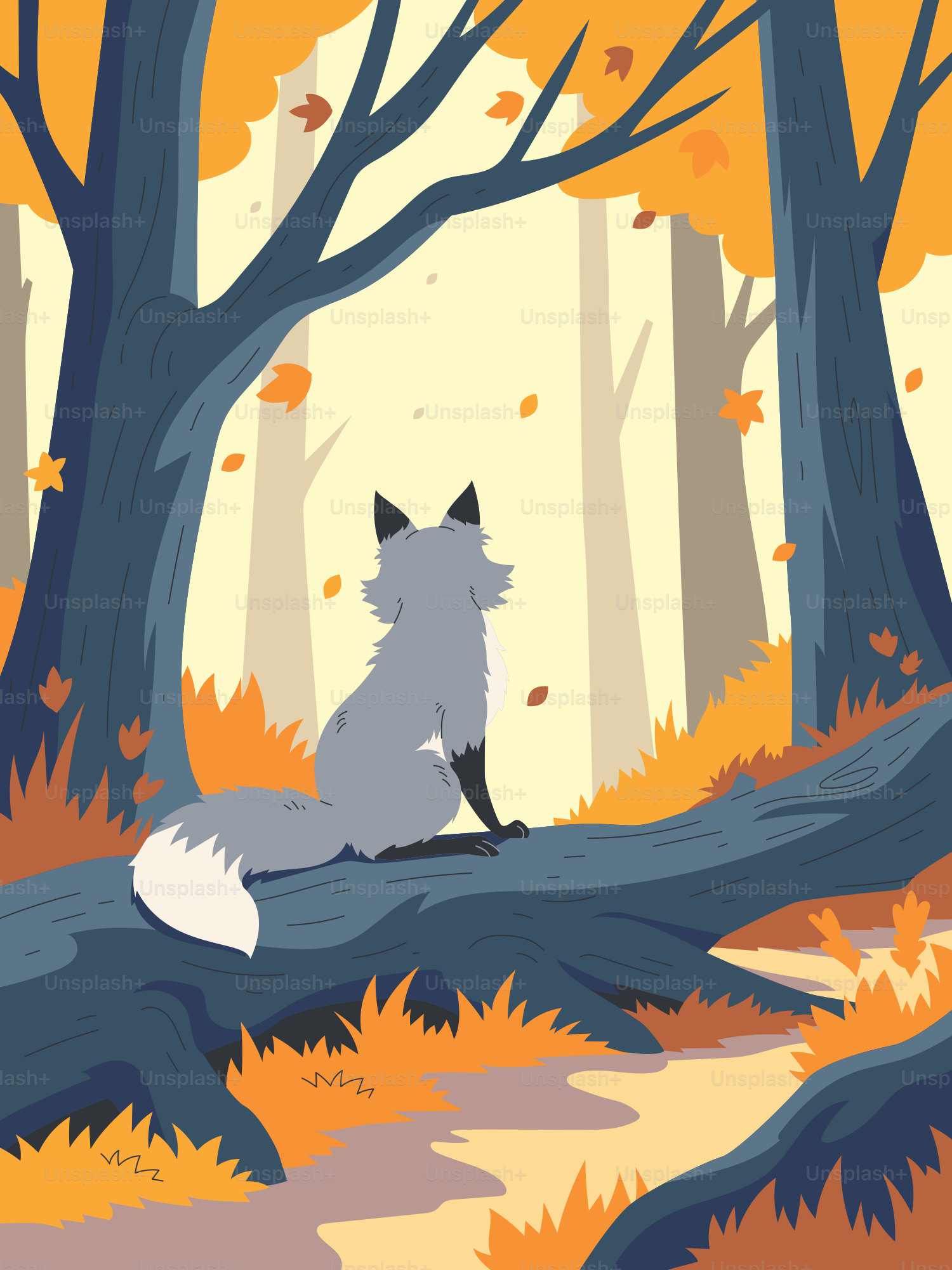 A dog sitting on a fallen tree in a forest