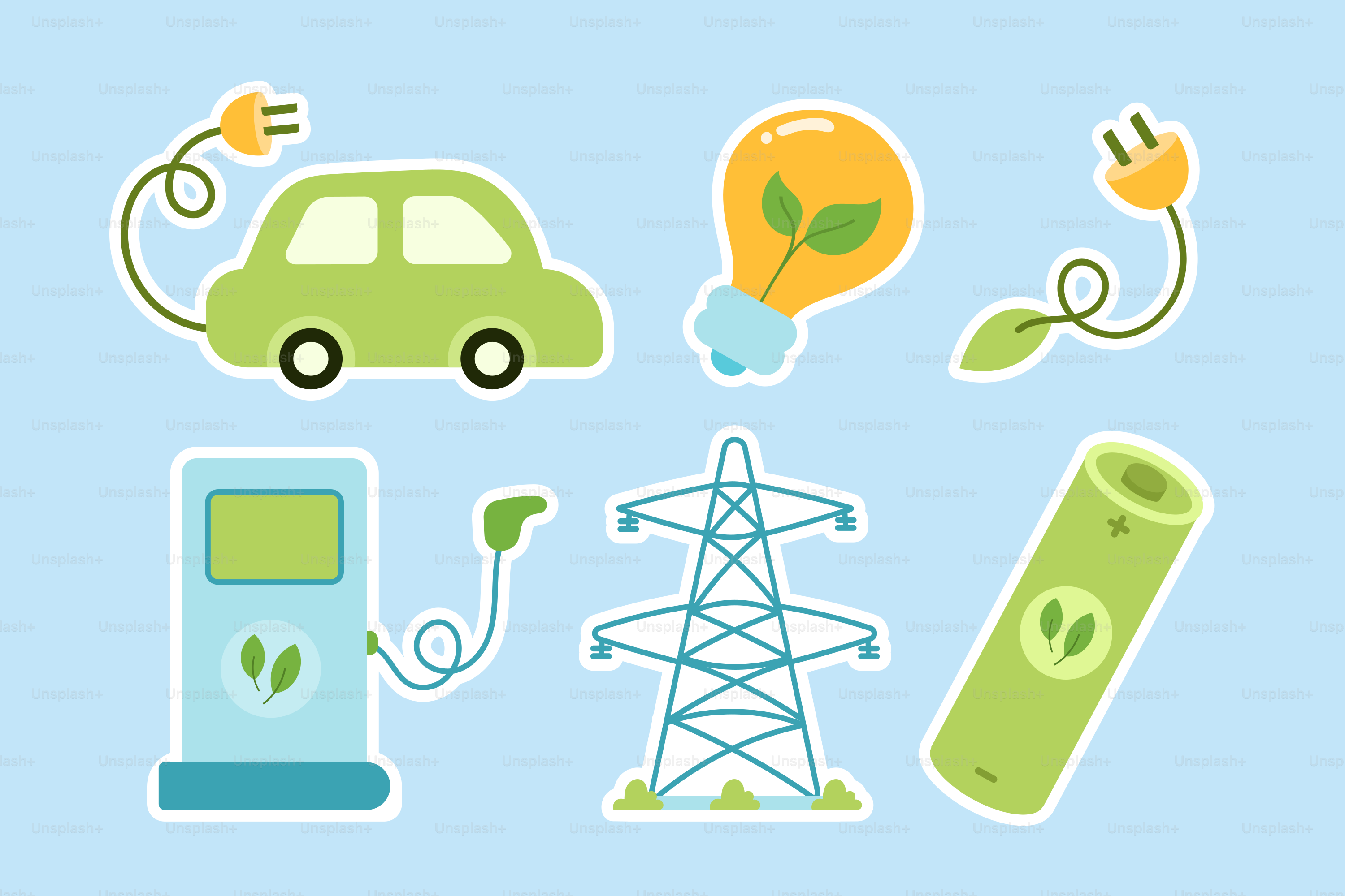 Un fond bleu avec une voiture verte et divers éléments électriques