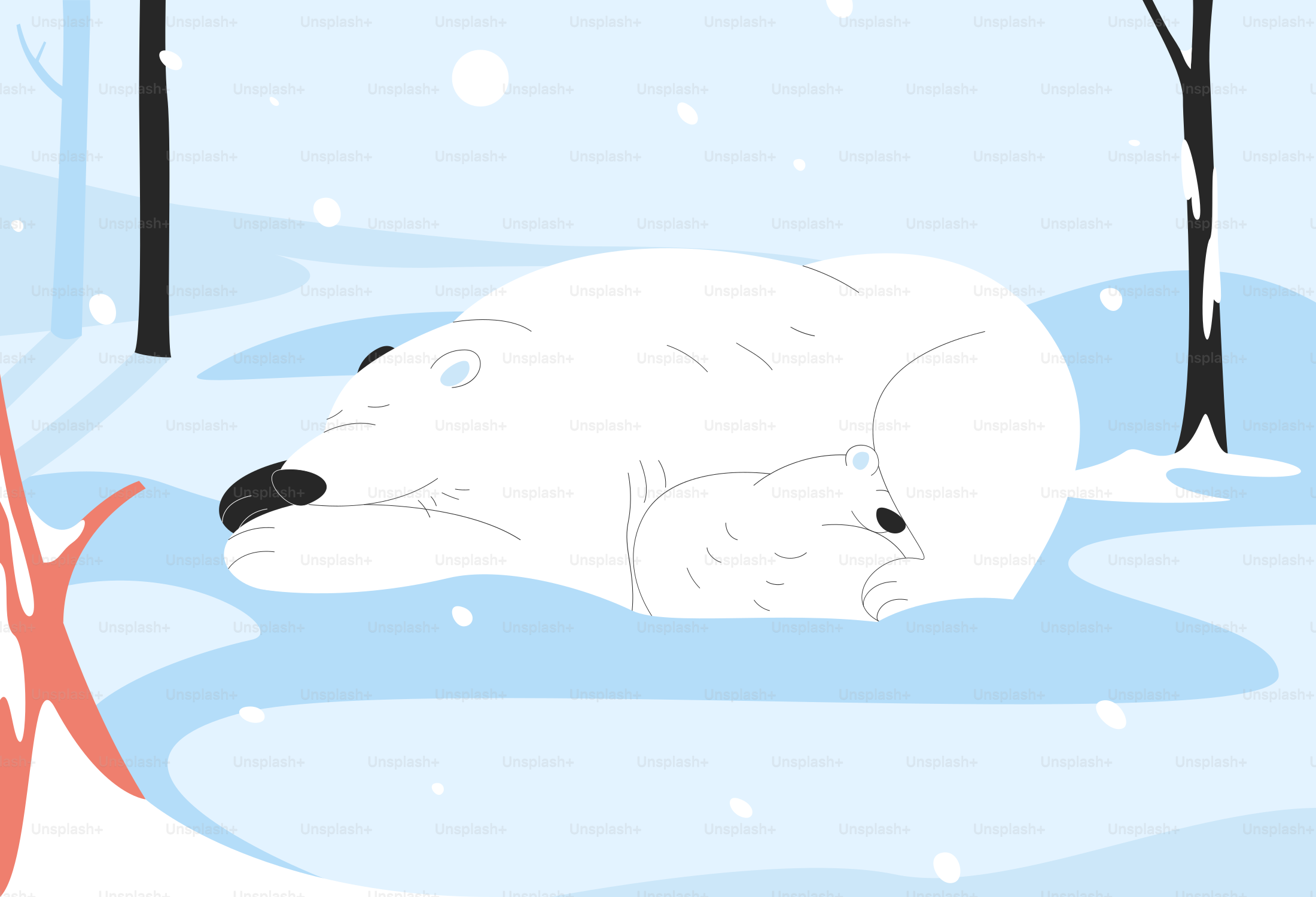 A polar bear is laying down in the snow