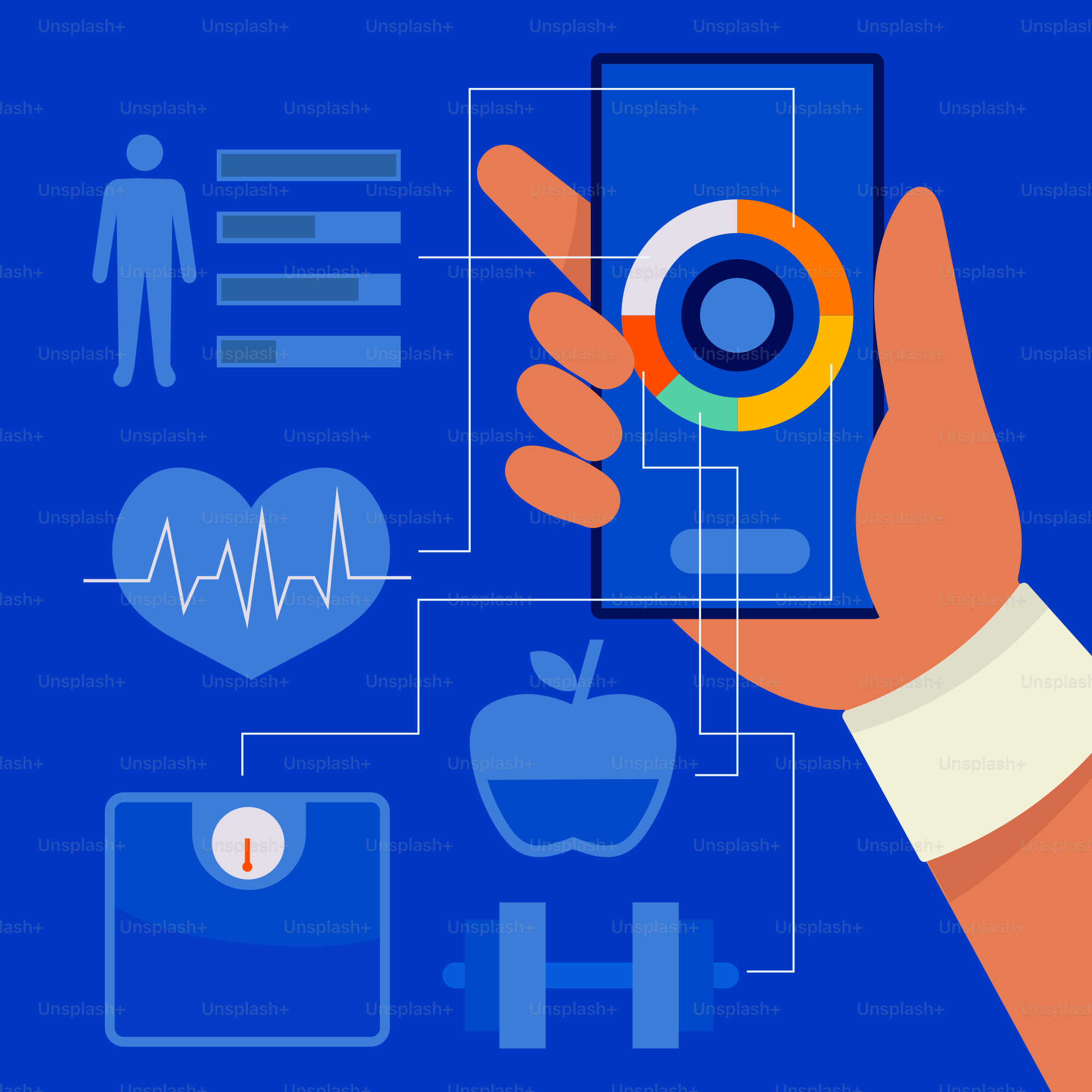 A hand holding a smart phone with icons surrounding it