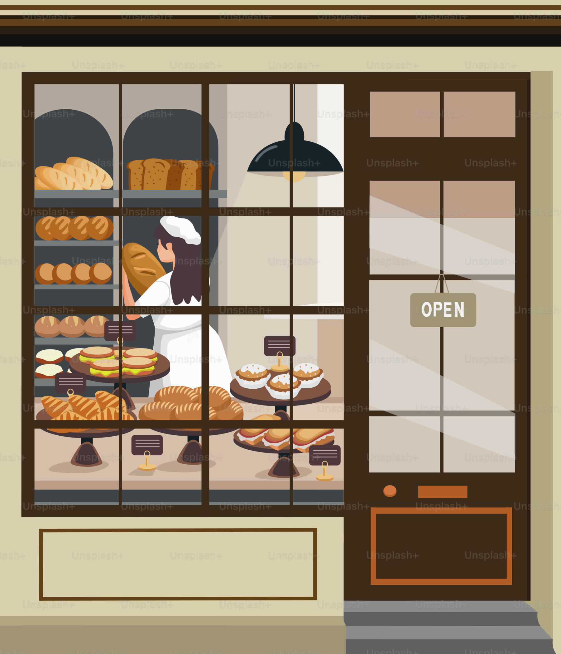 Eine Bäckerei mit einer Frau, die hinter dem Tresen arbeitet