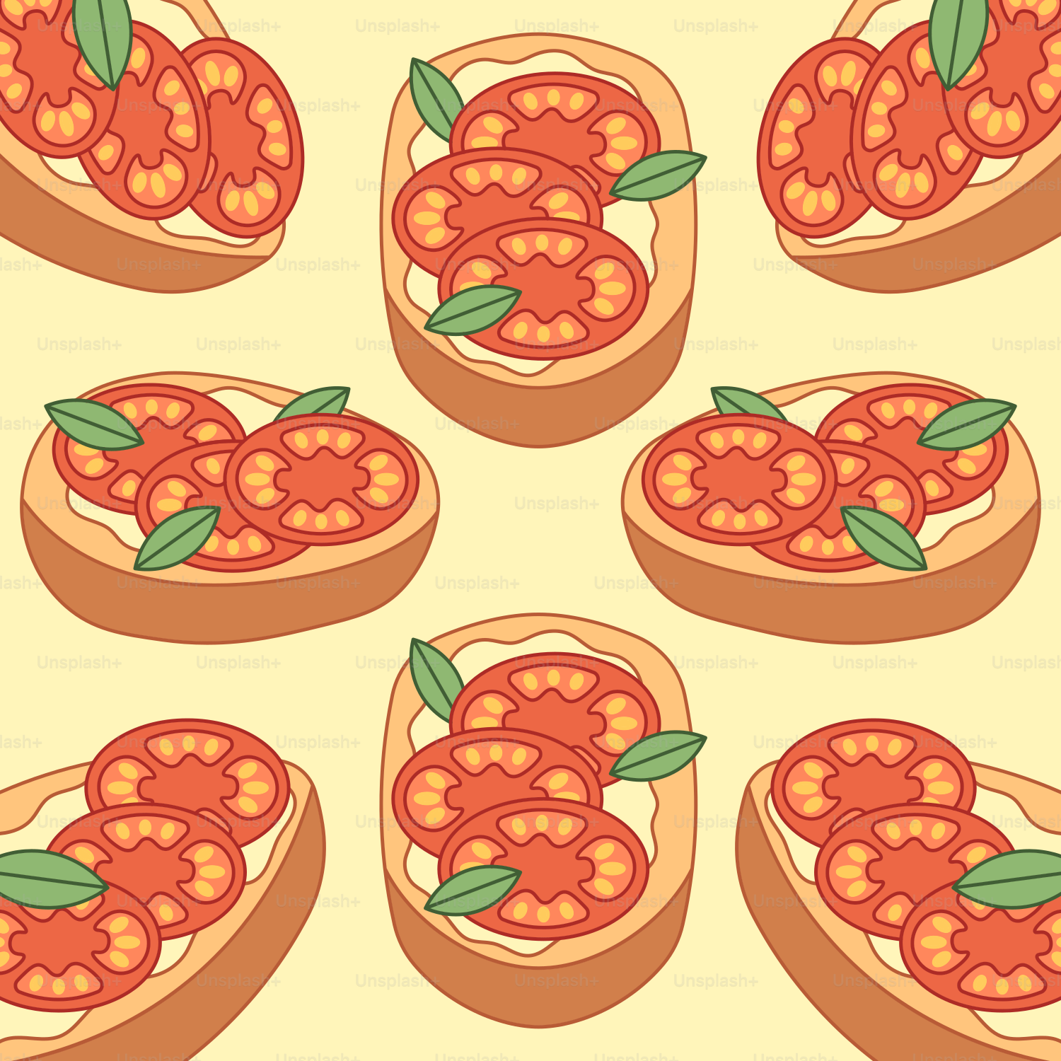 A pattern of tomatoes in a basket on a yellow background
